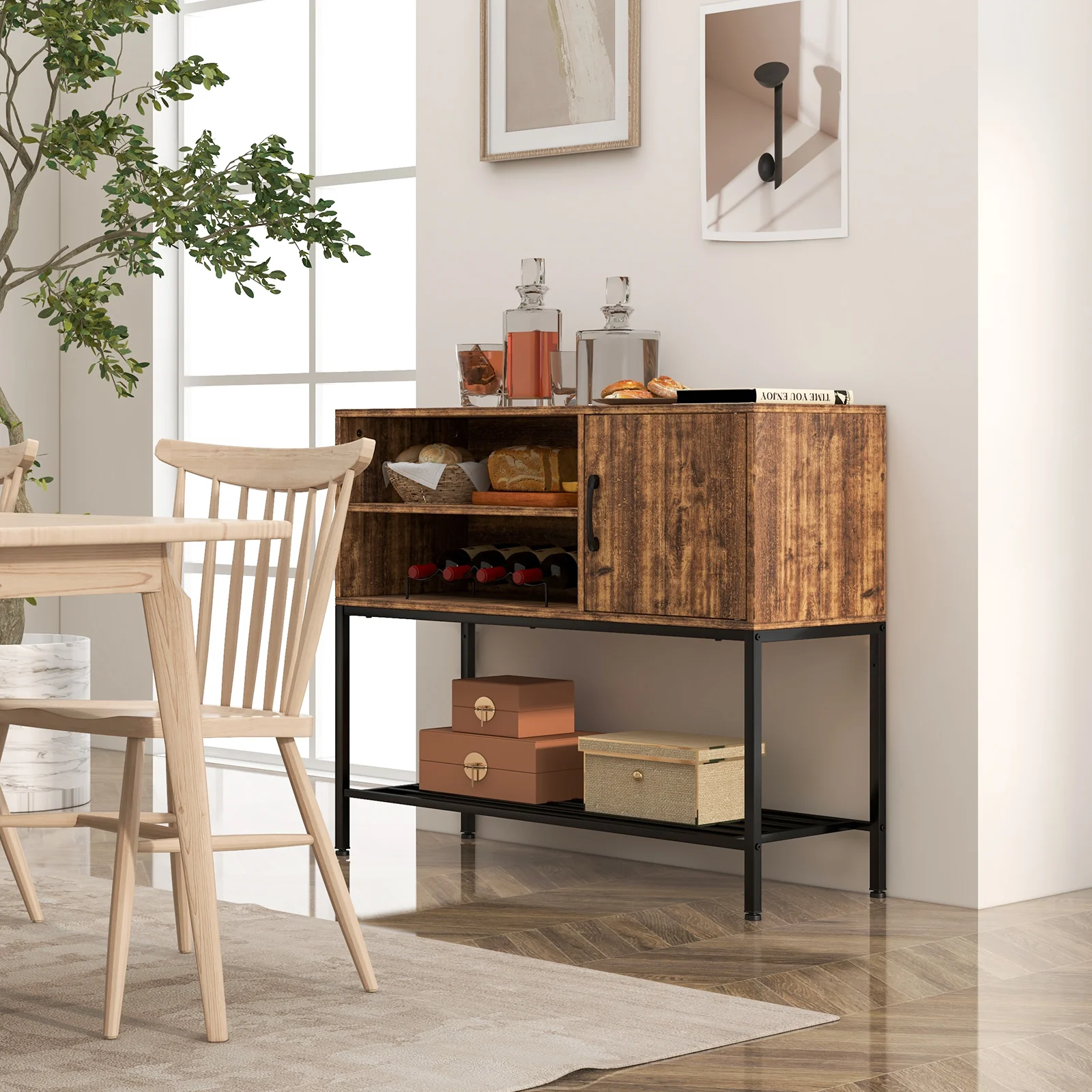 Buffet Sideboard Cabinet With Power Outlets, USB Ports, Rustic Brown - Image 2