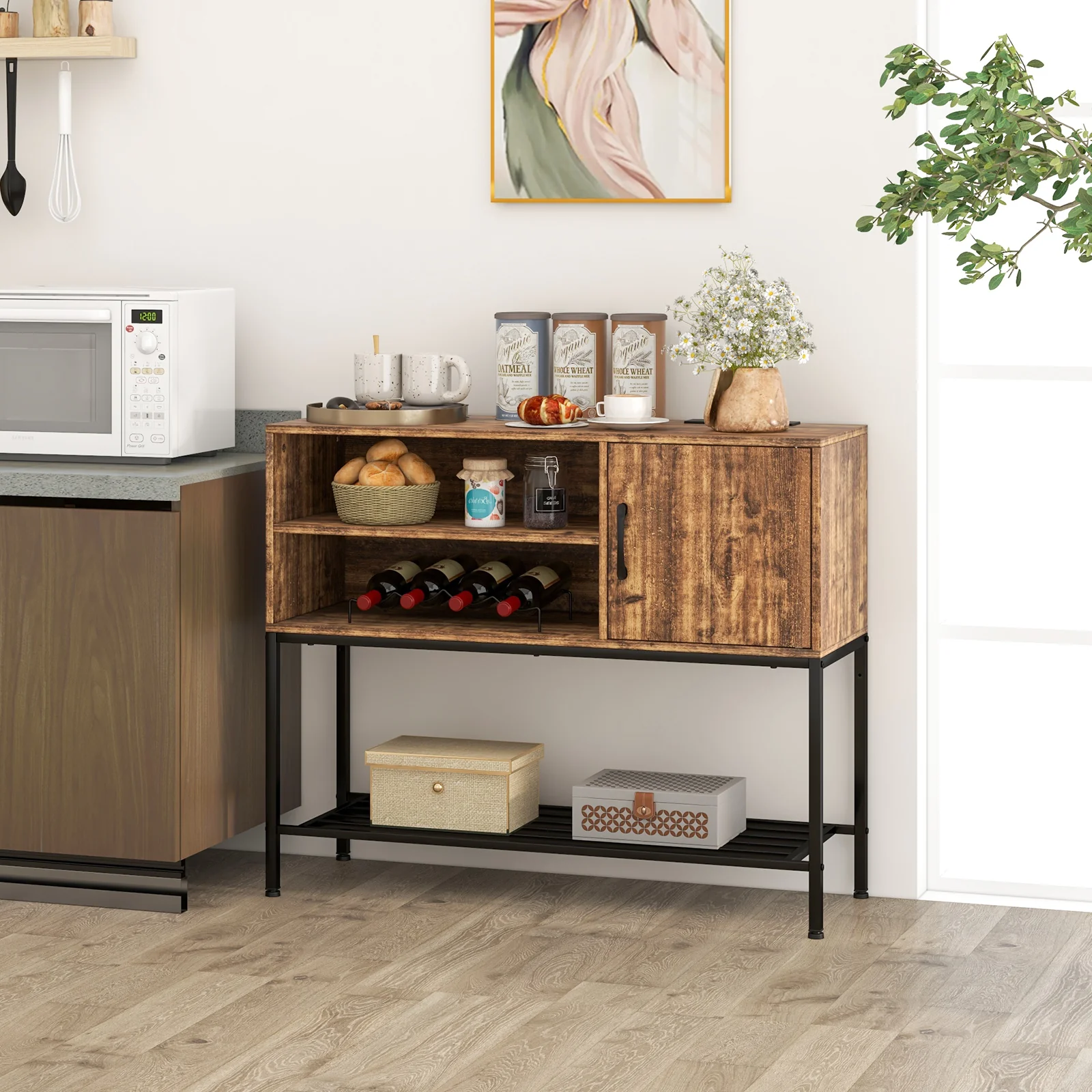 Buffet Sideboard Cabinet With Power Outlets, USB Ports, Rustic Brown - Image 3