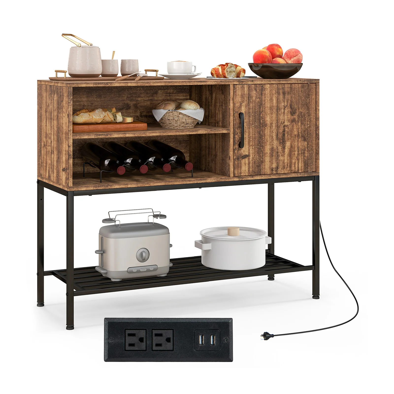 Buffet Sideboard Cabinet With Power Outlets, USB Ports, Rustic Brown - Image 4