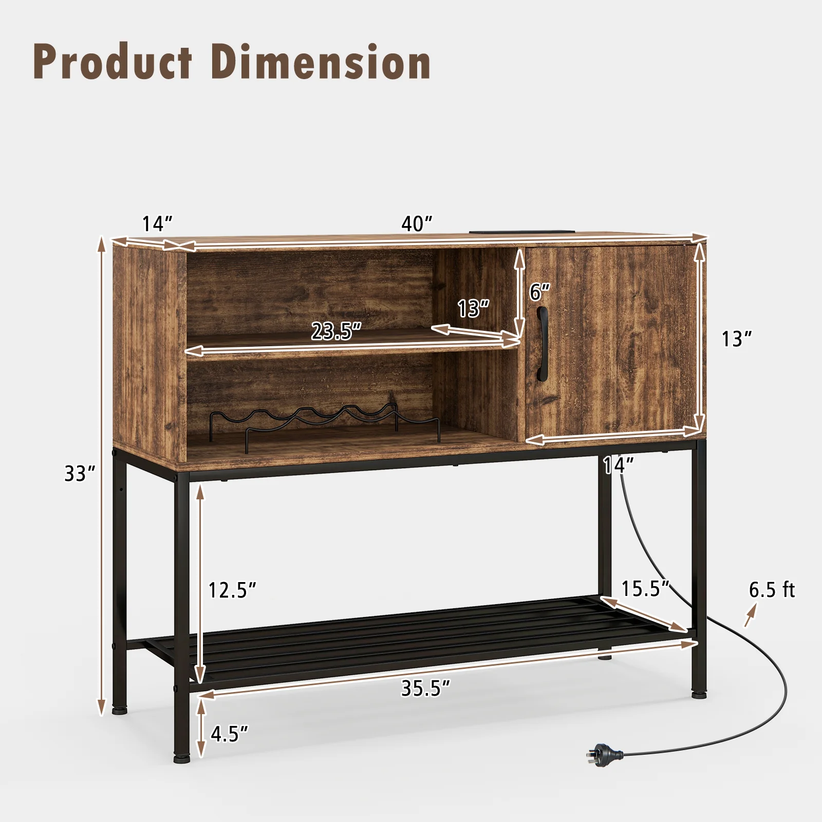 Buffet Sideboard Cabinet With Power Outlets, USB Ports, Rustic Brown - Image 5