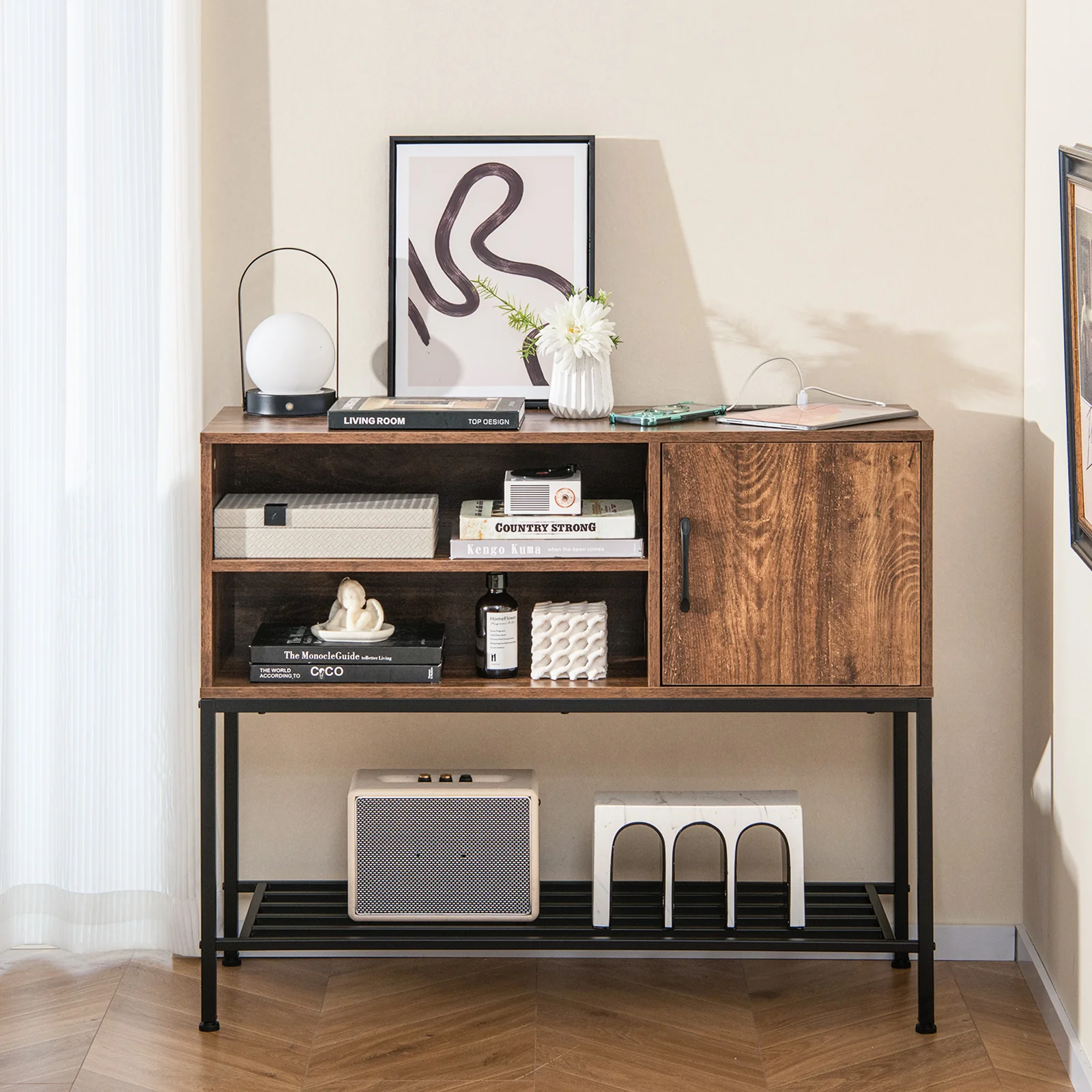 Buffet Sideboard Cabinet With Power Outlets, USB Ports, Rustic Brown - Image 7