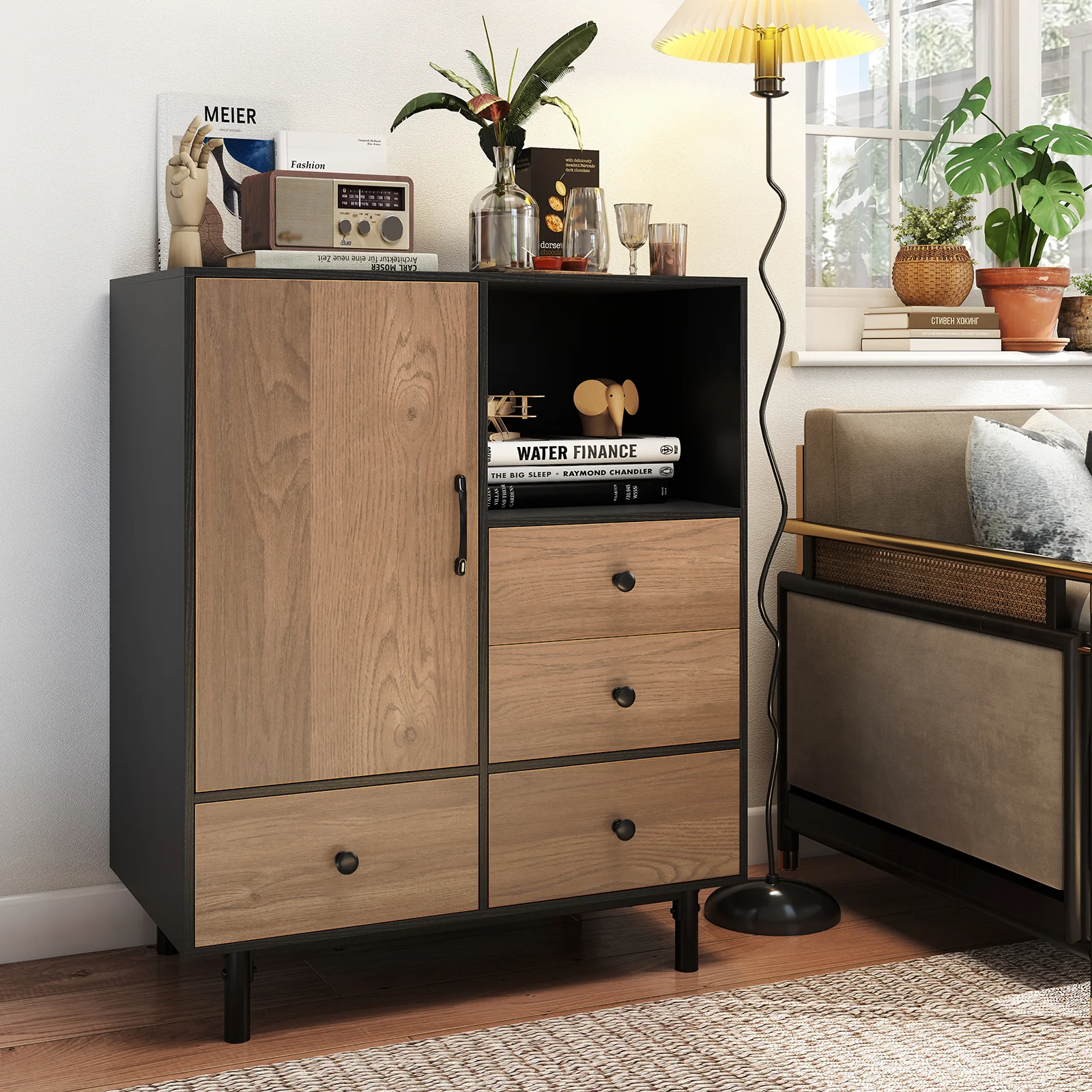 Buffet Sideboard Mid Century Modern Storage Cabinet with 4 Drawers and Open Compartment, Black - Image 2