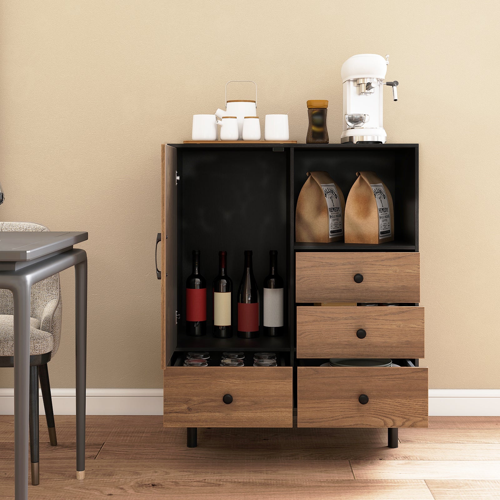 Buffet Sideboard Mid Century Modern Storage Cabinet with 4 Drawers and Open Compartment, Black - Image 3