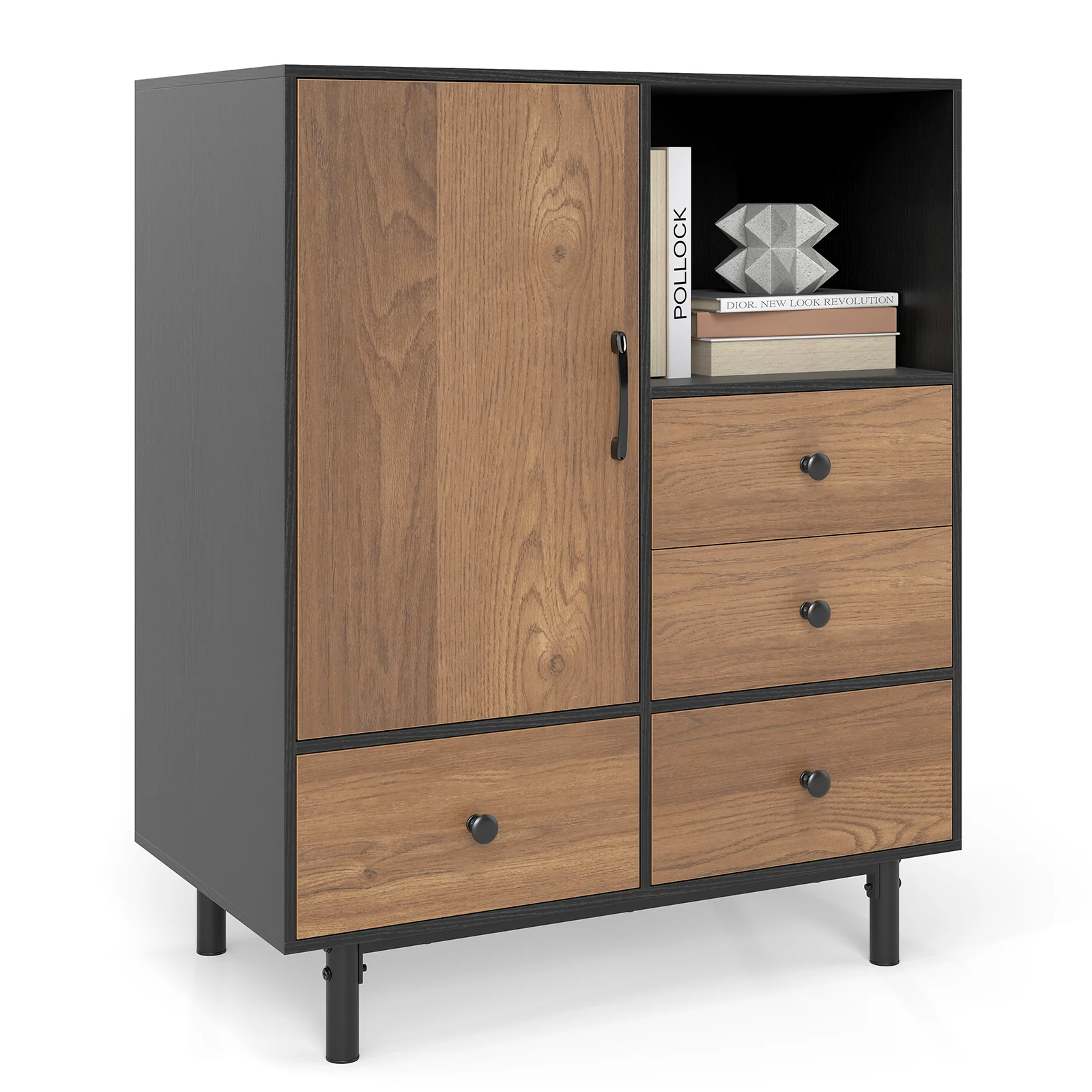 Buffet Sideboard Mid Century Modern Storage Cabinet with 4 Drawers and Open Compartment, Black - Image 4