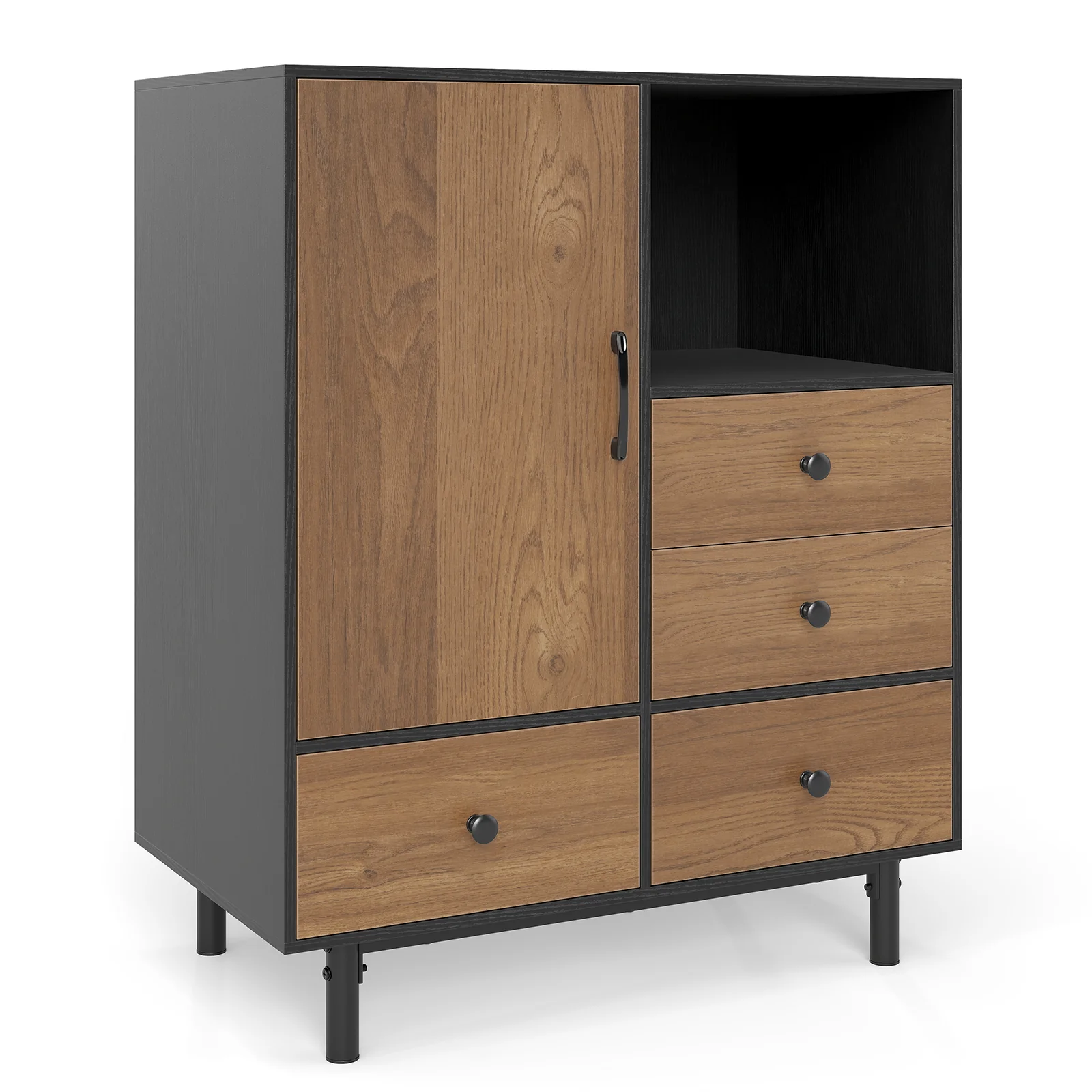 Buffet Sideboard Mid Century Modern Storage Cabinet with 4 Drawers and Open Compartment, Black - Image 5