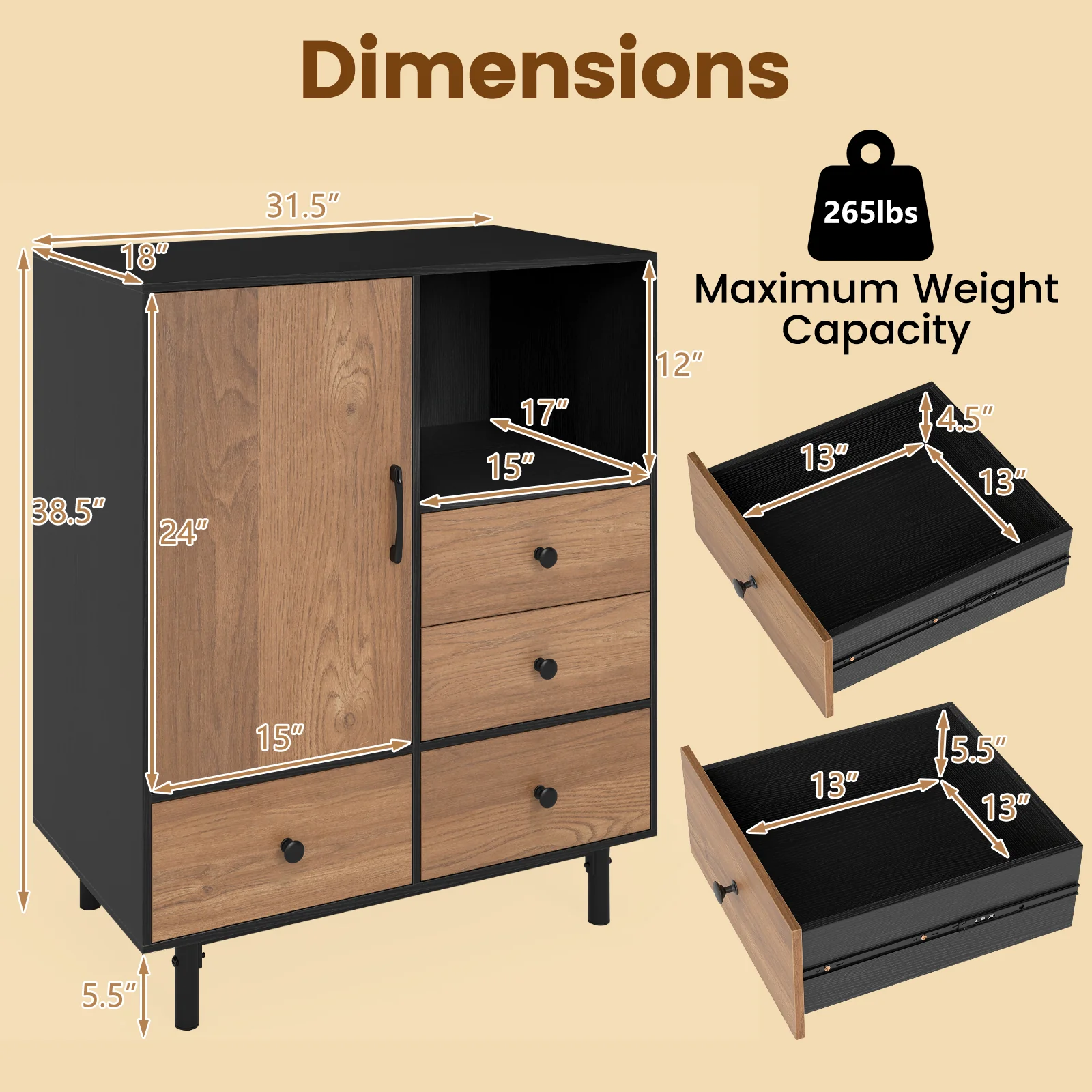 Buffet Sideboard Mid Century Modern Storage Cabinet with 4 Drawers and Open Compartment, Black - Image 6
