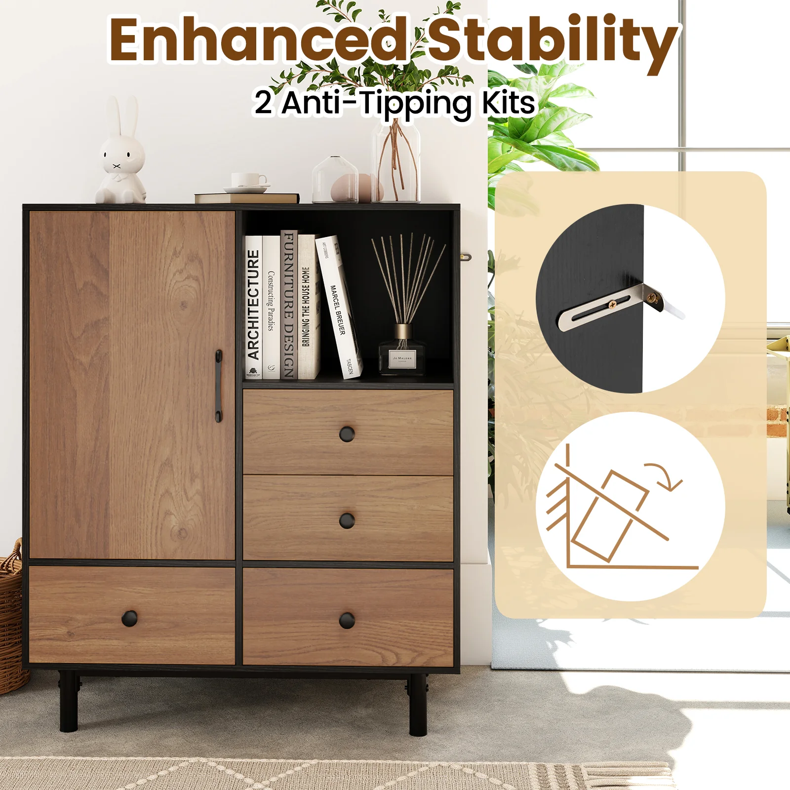 Buffet Sideboard Mid Century Modern Storage Cabinet with 4 Drawers and Open Compartment, Black - Image 8