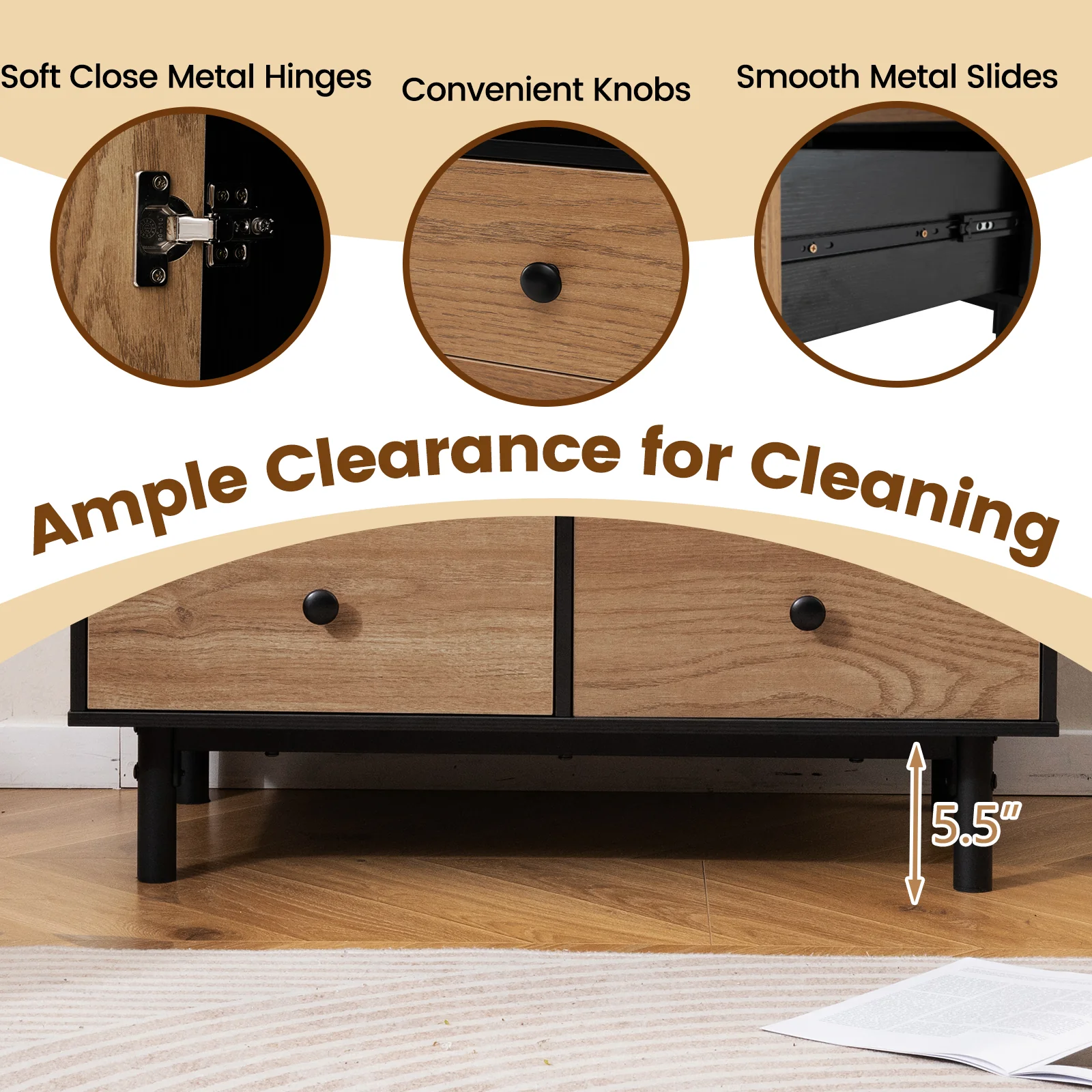 Buffet Sideboard Mid Century Modern Storage Cabinet with 4 Drawers and Open Compartment, Black - Image 9