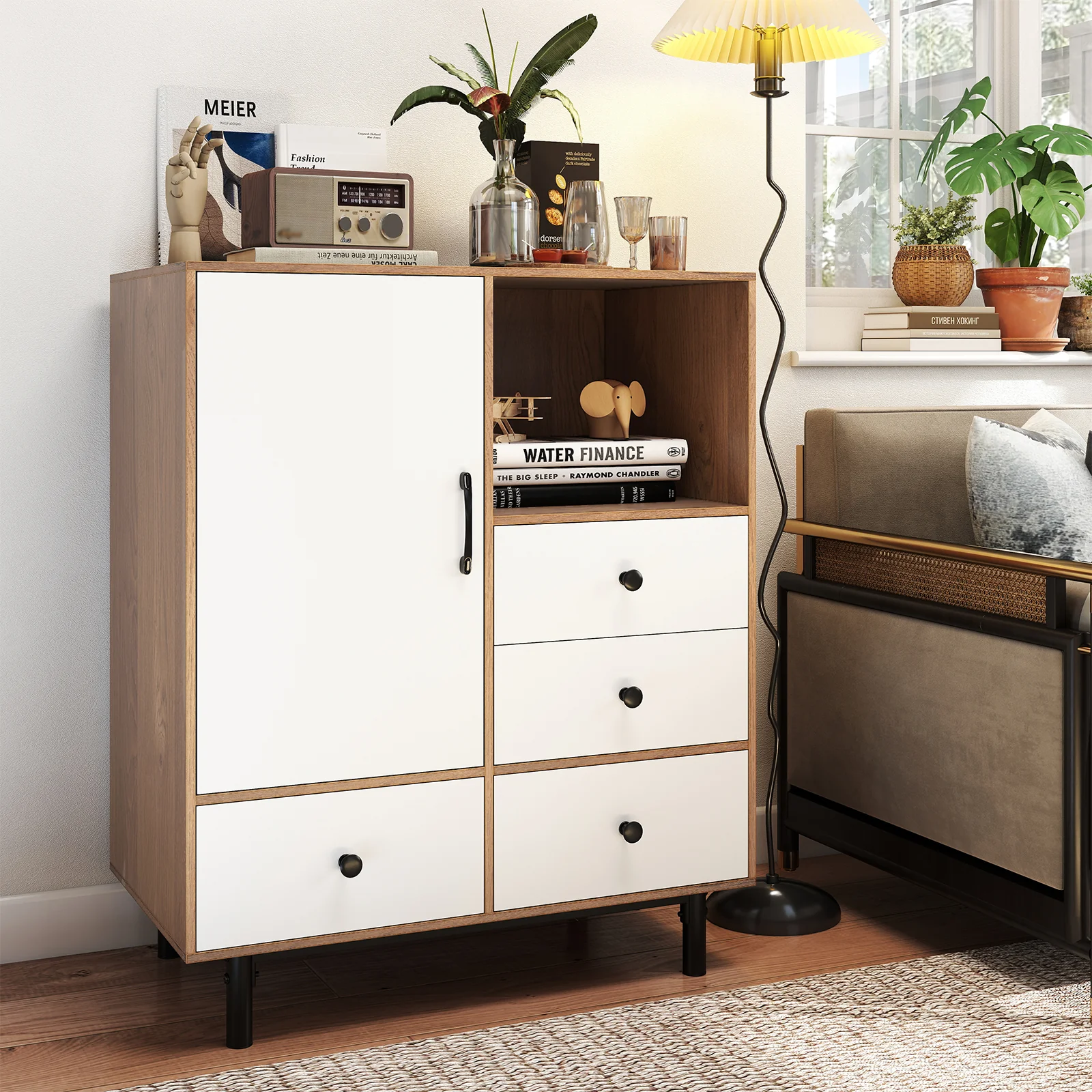 Buffet Sideboard Mid Century Modern Storage Cabinet with 4 Drawers and Open Compartment, Natural - Image 2