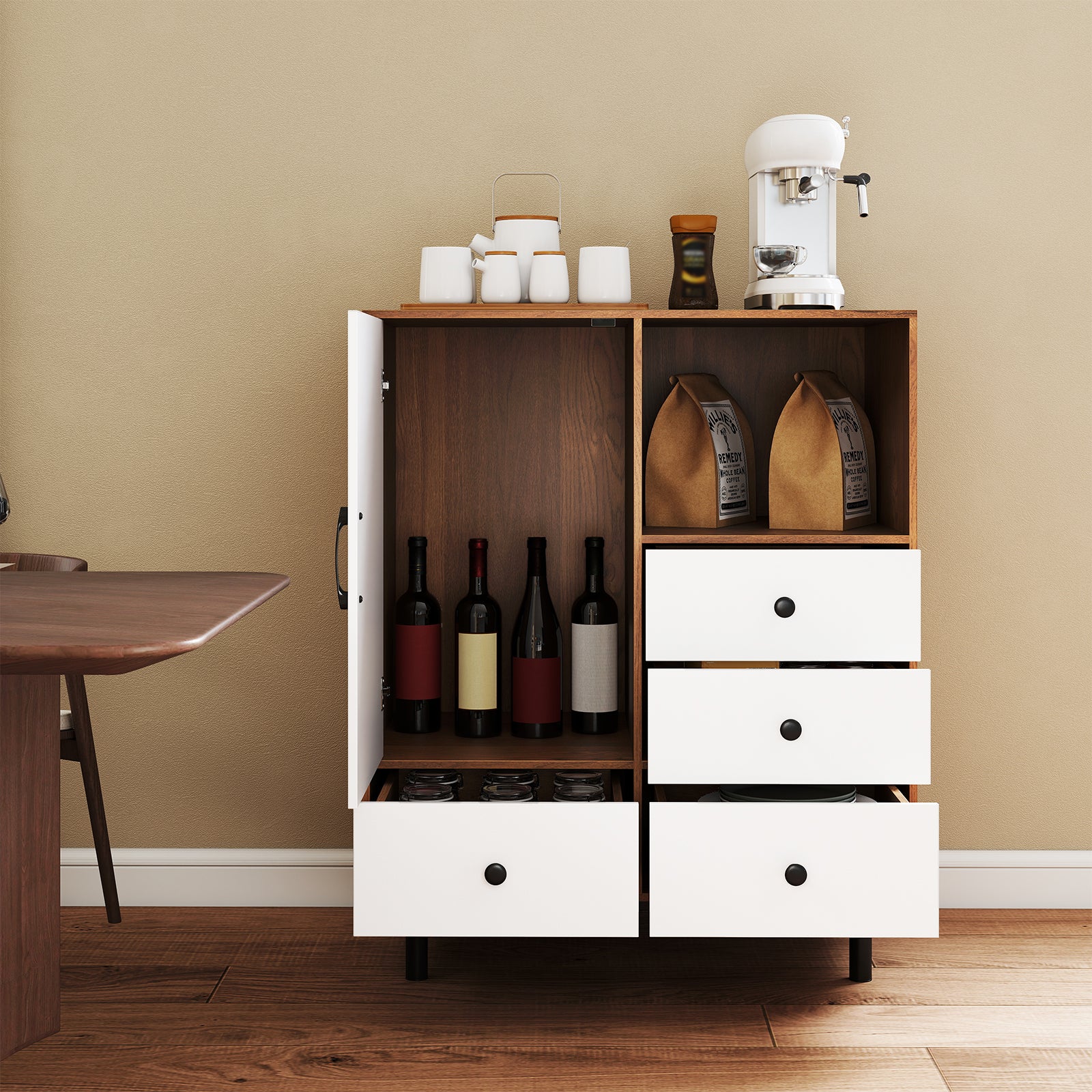 Buffet Sideboard Mid Century Modern Storage Cabinet with 4 Drawers and Open Compartment, Natural - Image 3