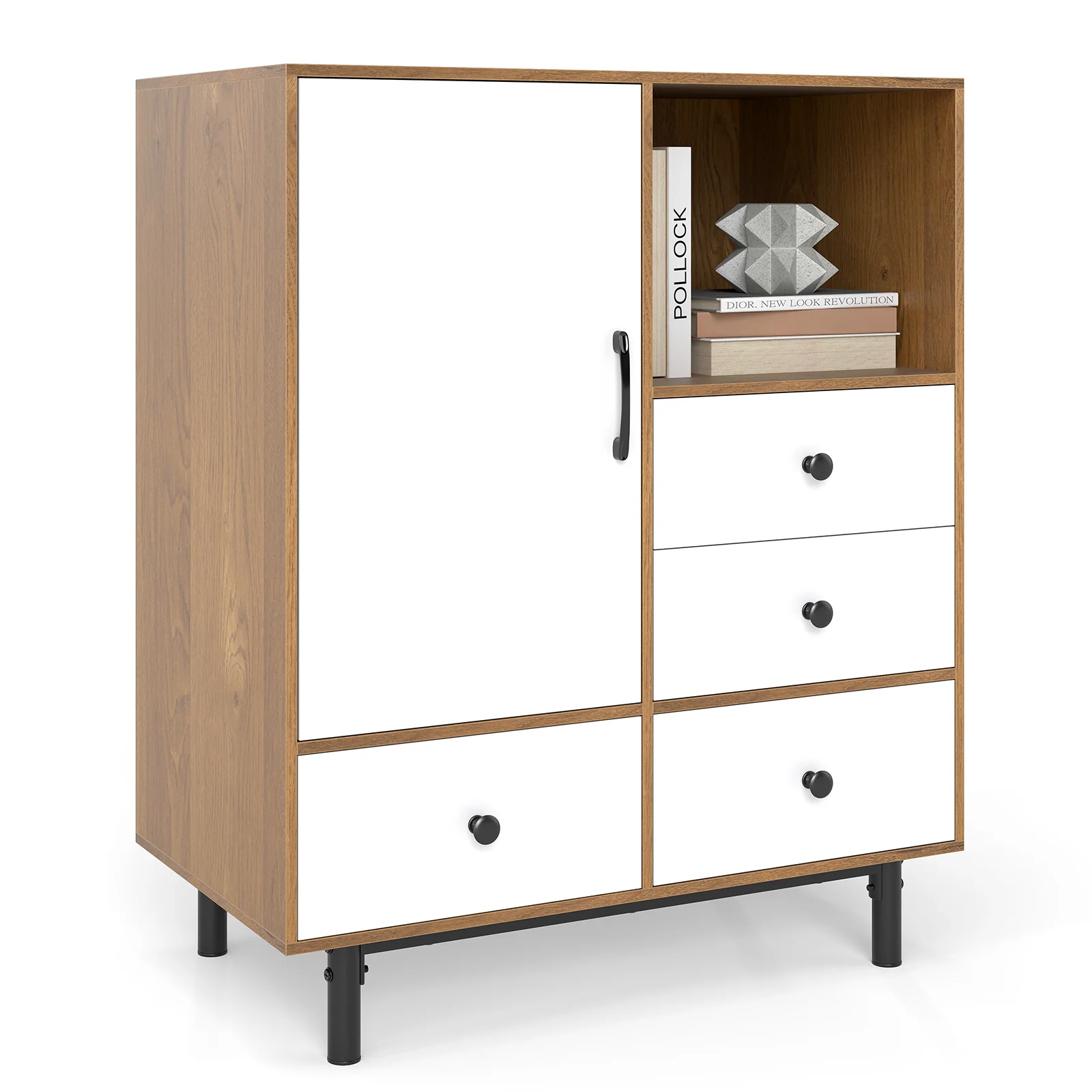 Buffet Sideboard Mid Century Modern Storage Cabinet with 4 Drawers and Open Compartment, Natural - Image 4