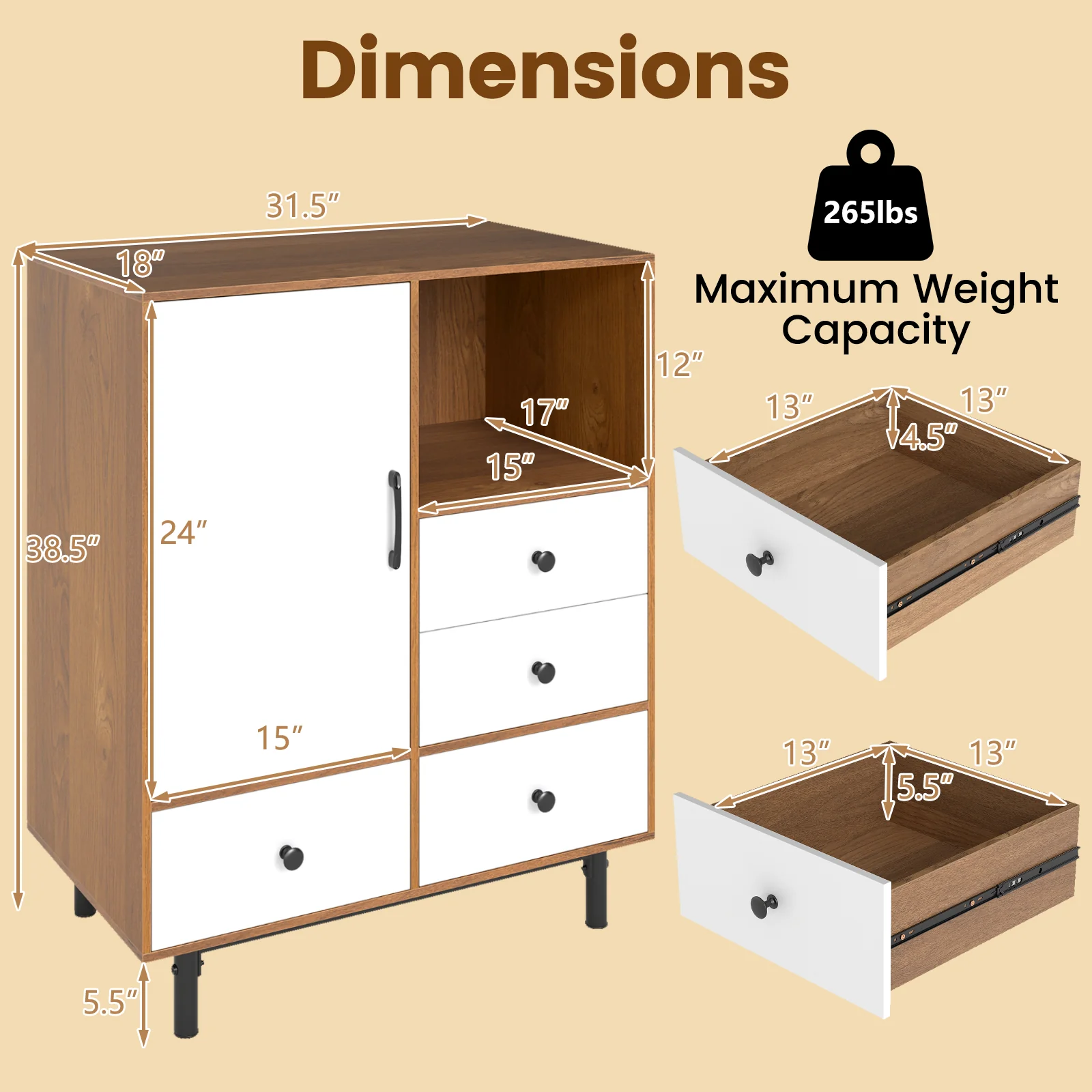 Buffet Sideboard Mid Century Modern Storage Cabinet with 4 Drawers and Open Compartment, Natural - Image 6