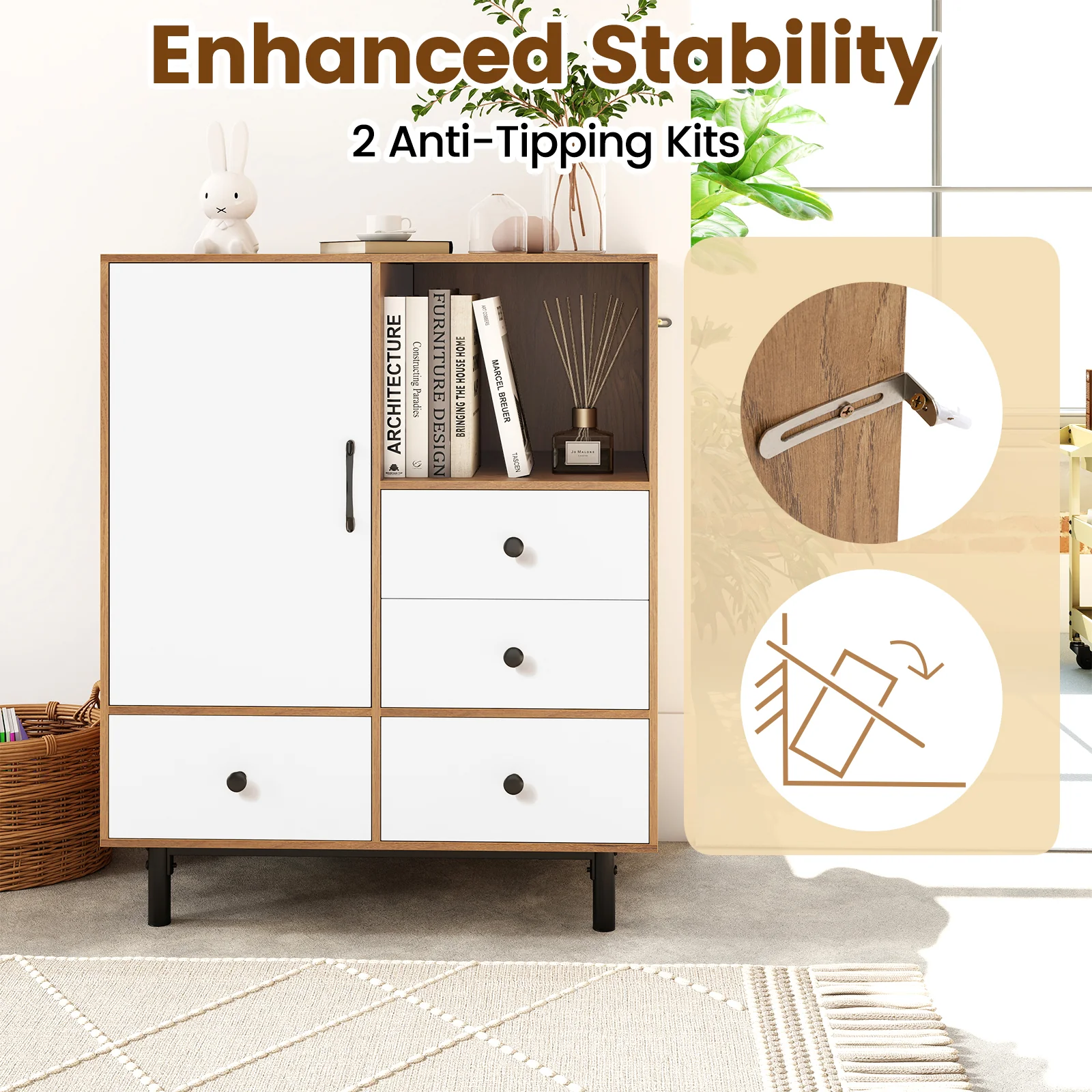 Buffet Sideboard Mid Century Modern Storage Cabinet with 4 Drawers and Open Compartment, Natural - Image 8