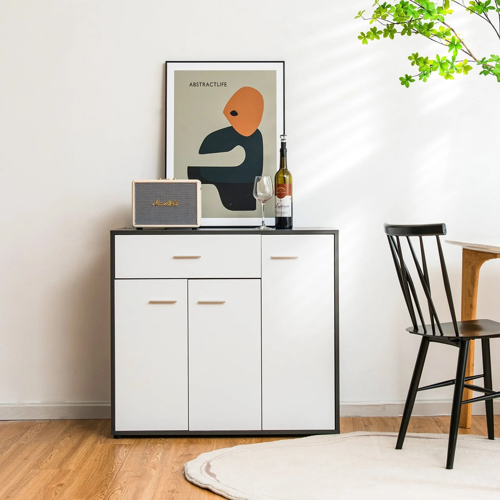 Buffet Sideboard Storage Cabinet, Spacious Table Top, White, Black - Image 2