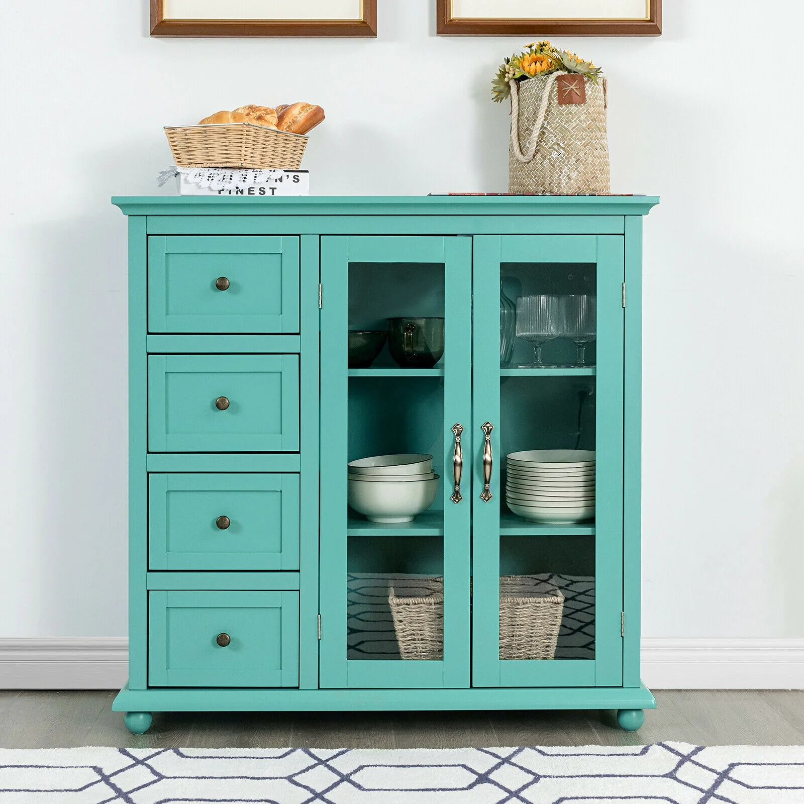 Buffet Sideboard Table, Kitchen Storage Cabinet with Drawers and Doors, Green - Image 2