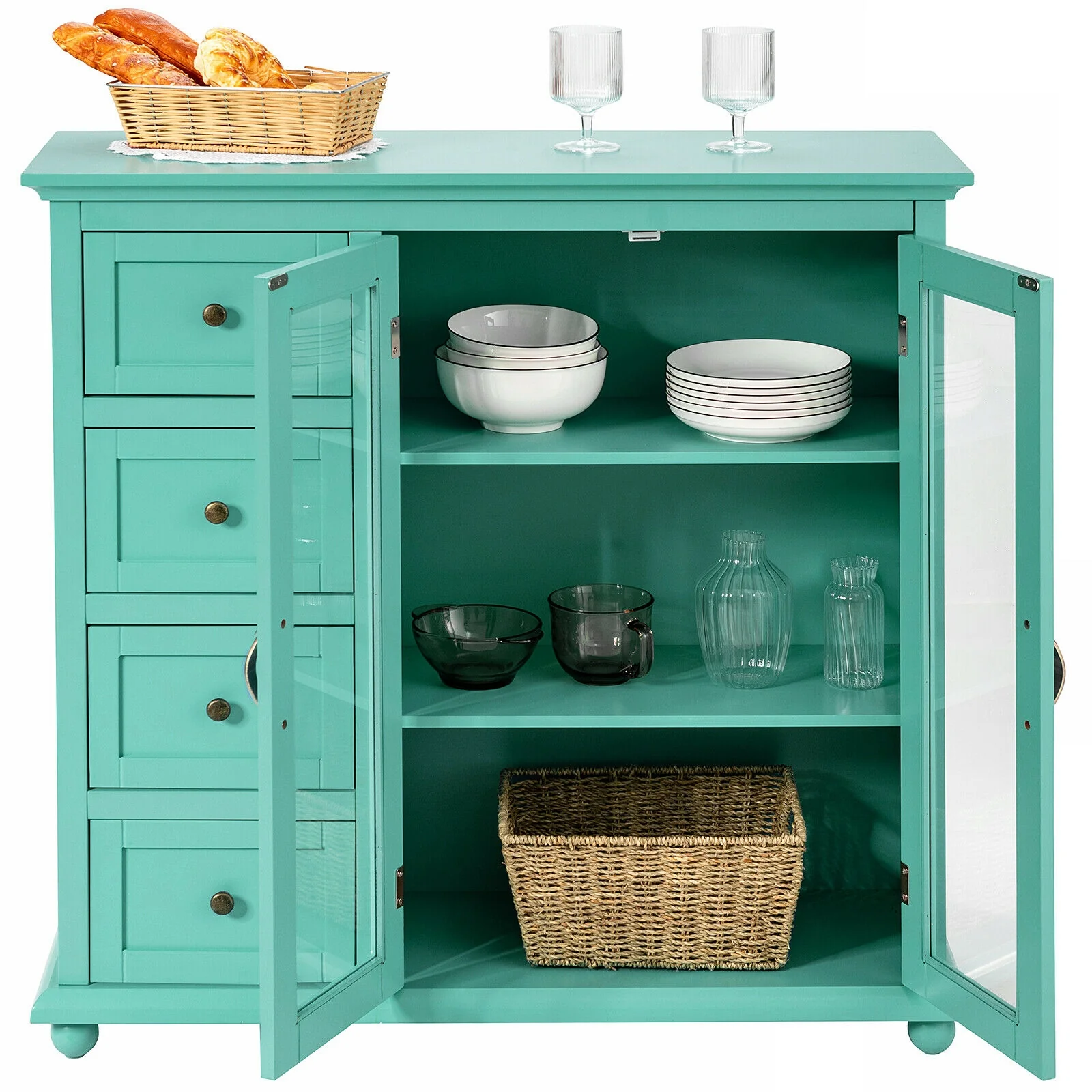 Buffet Sideboard Table, Kitchen Storage Cabinet with Drawers and Doors, Green - Image 9