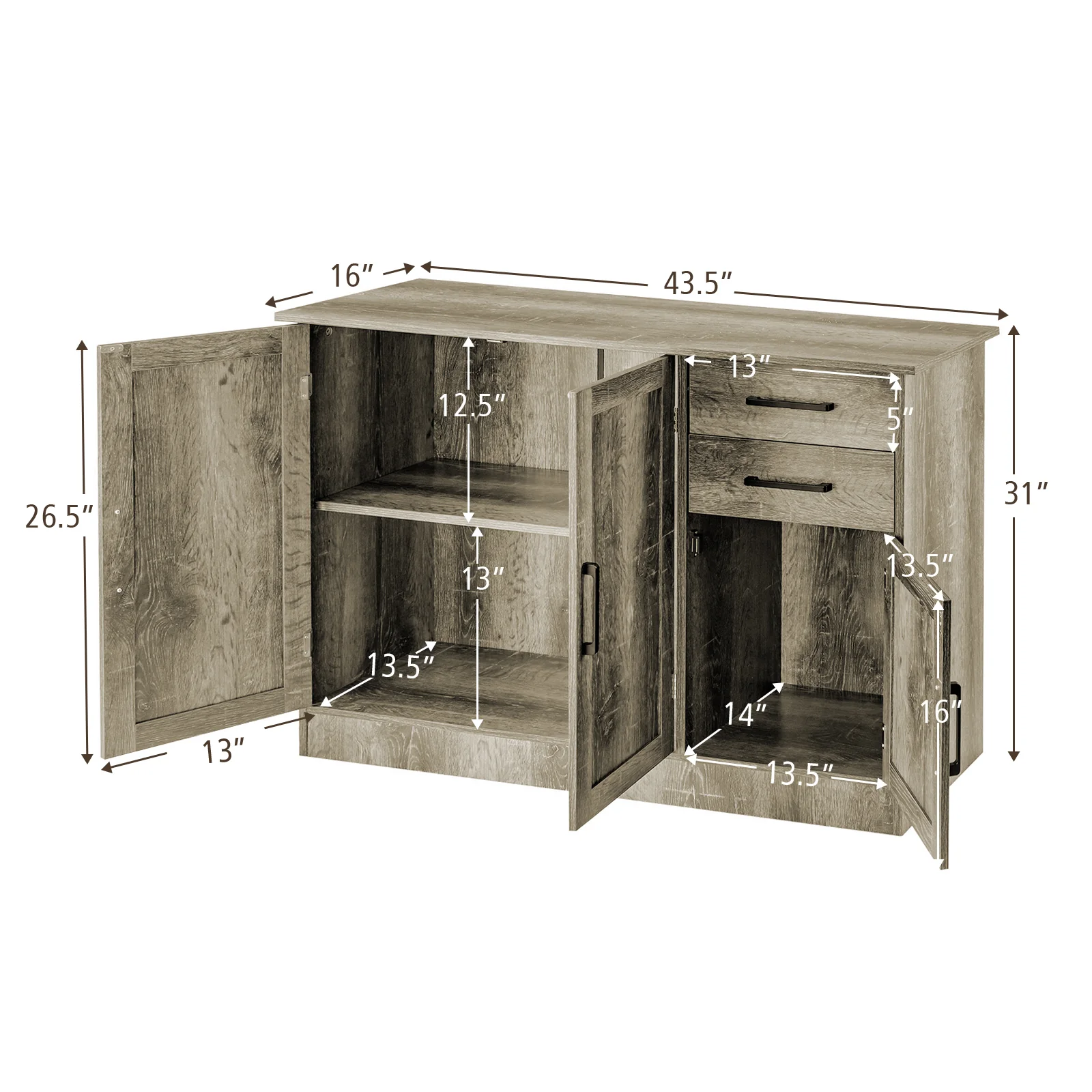Buffet Storage Cabinet With 2 Drawers, Gray - Image 6