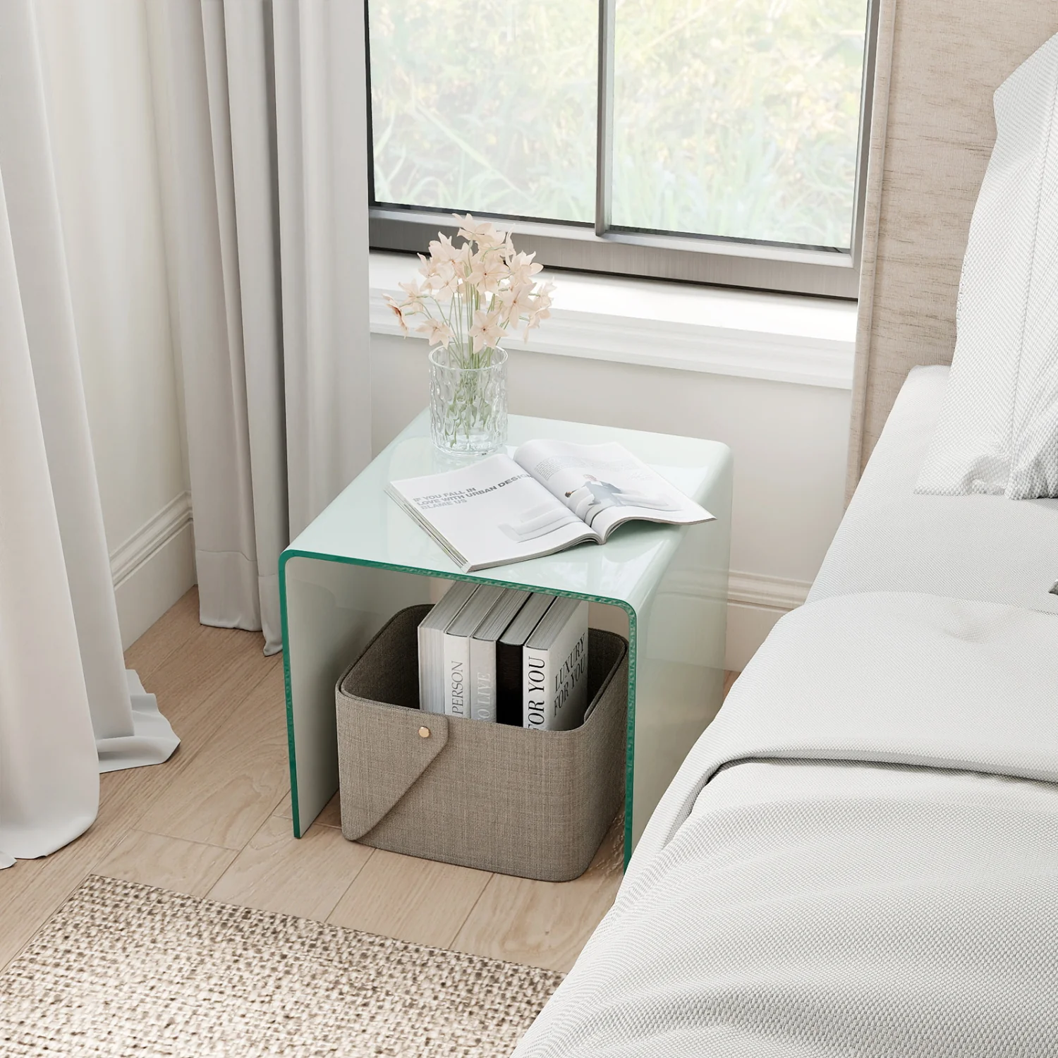 C-Shaped End Table Modern Tempered Glass Side Table with Shelf, White - Image 3