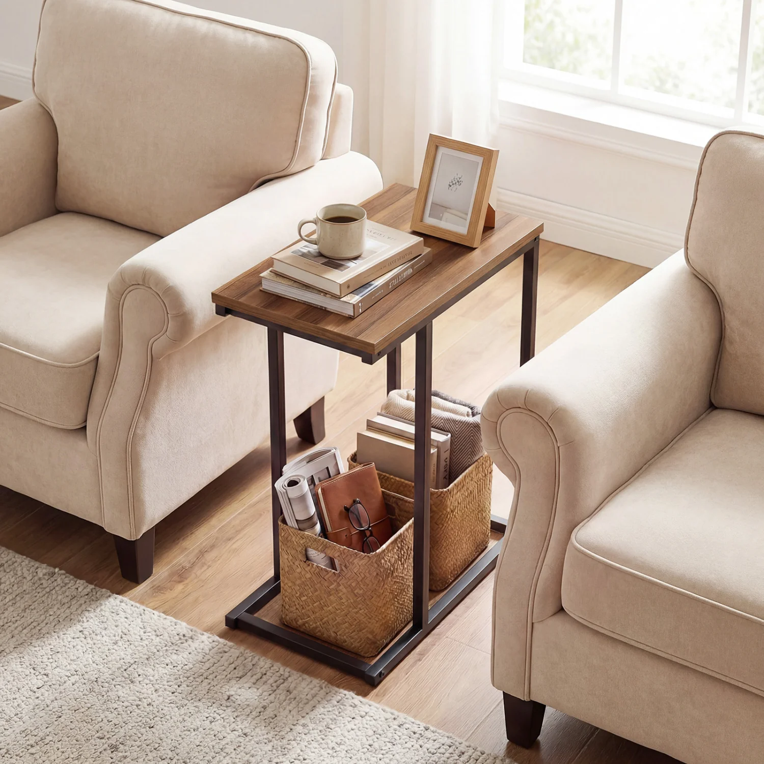 C-Shaped End Table Small Side Table with Sturdy Metal Frame, Walnut - Image 2