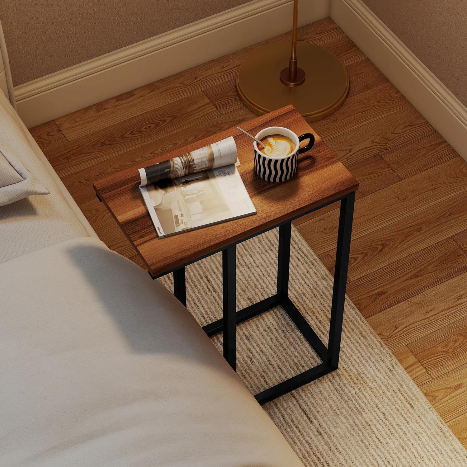 C-Shaped End Table Small Side Table with Sturdy Metal Frame, Walnut - Image 3