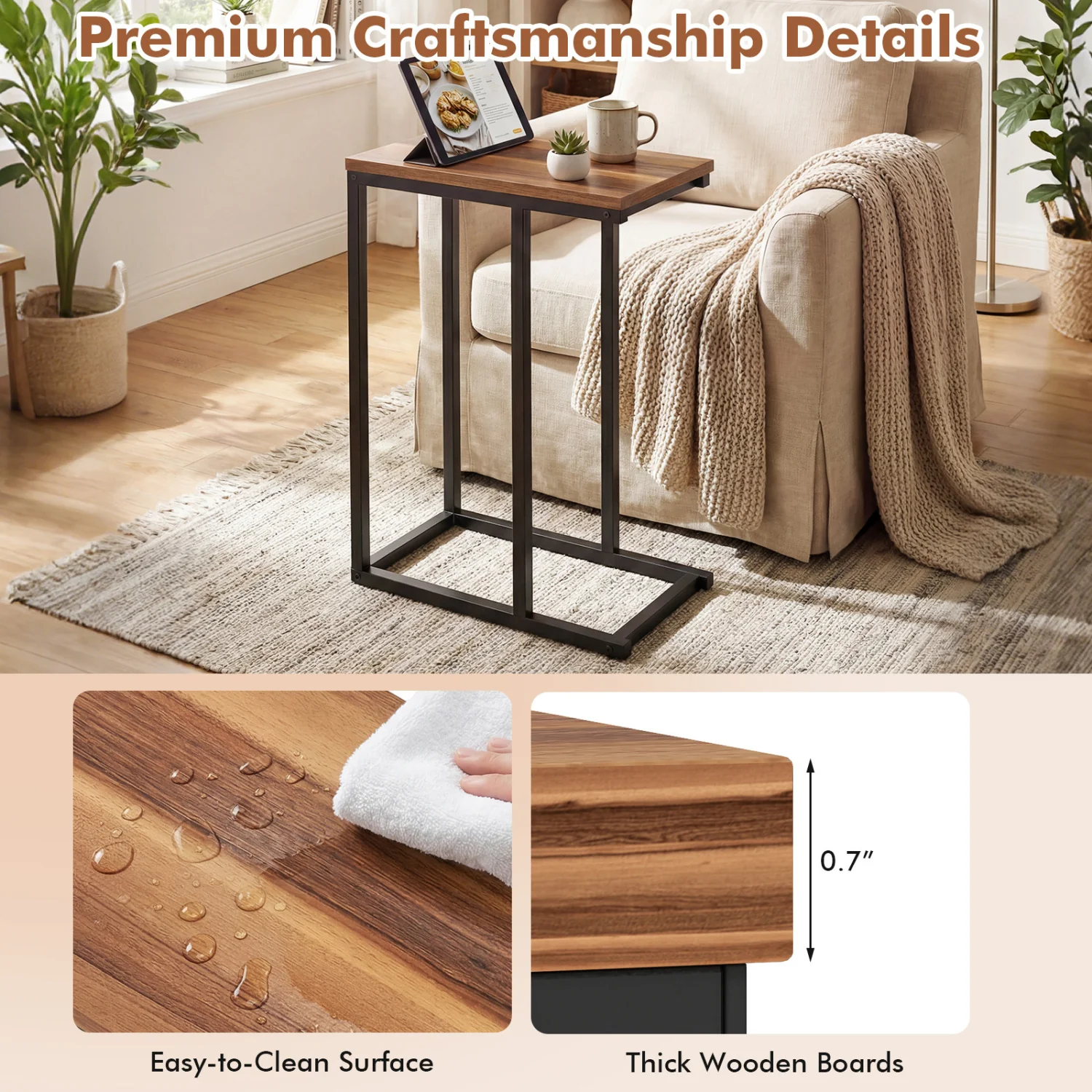 C-Shaped End Table Small Side Table with Sturdy Metal Frame, Walnut - Image 6