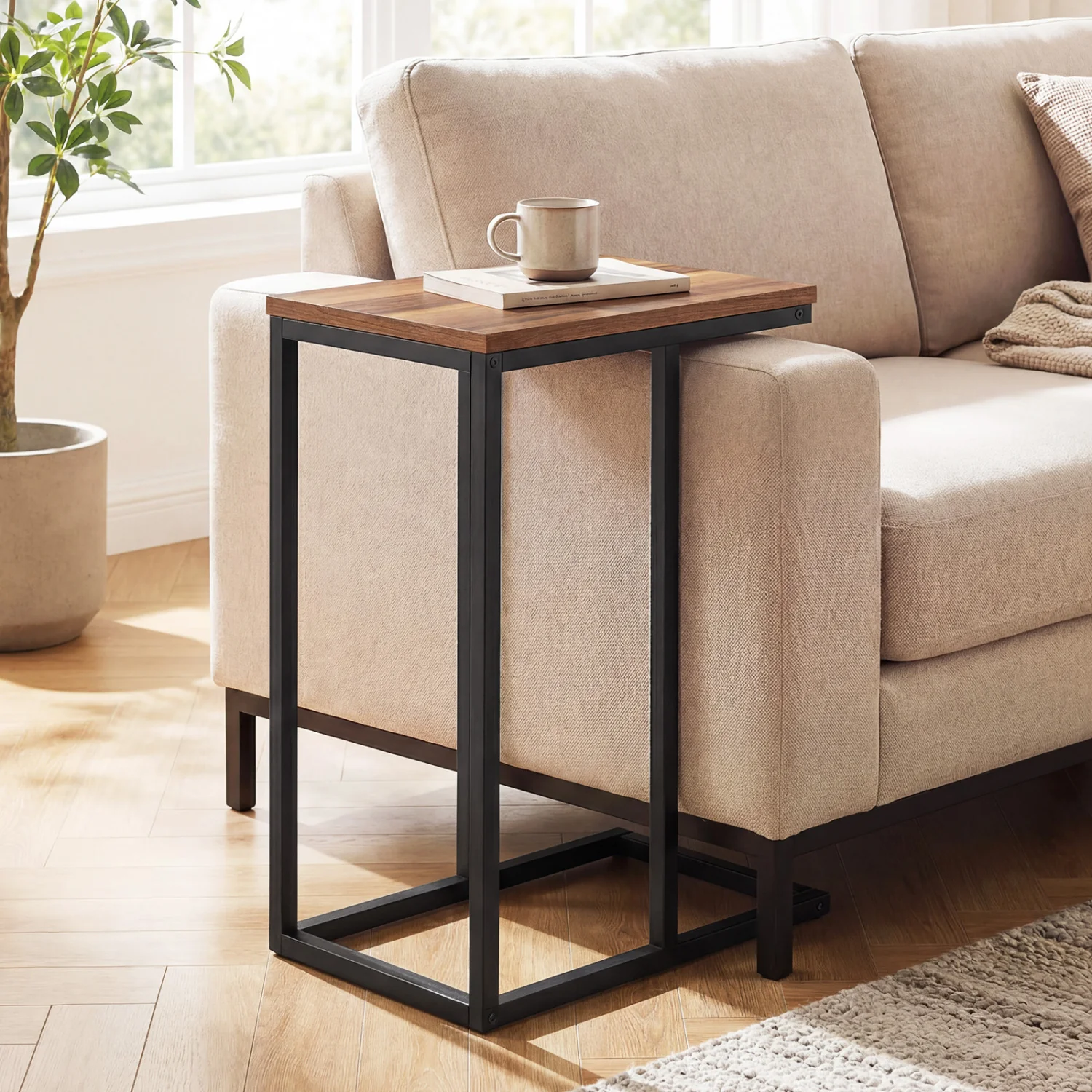 C-Shaped End Table Small Side Table with Sturdy Metal Frame, Walnut - Image 7