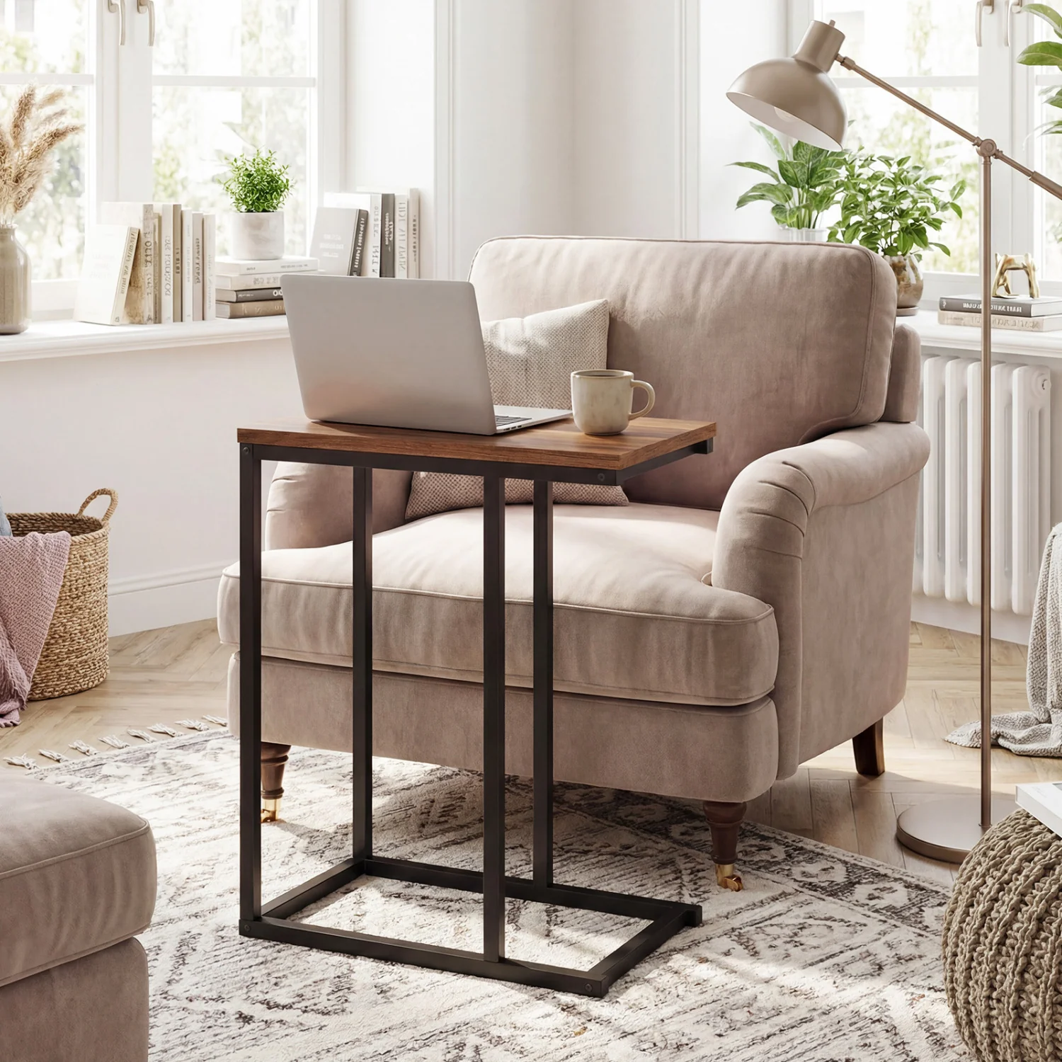 C-Shaped End Table Small Side Table with Sturdy Metal Frame, Walnut - Image 8