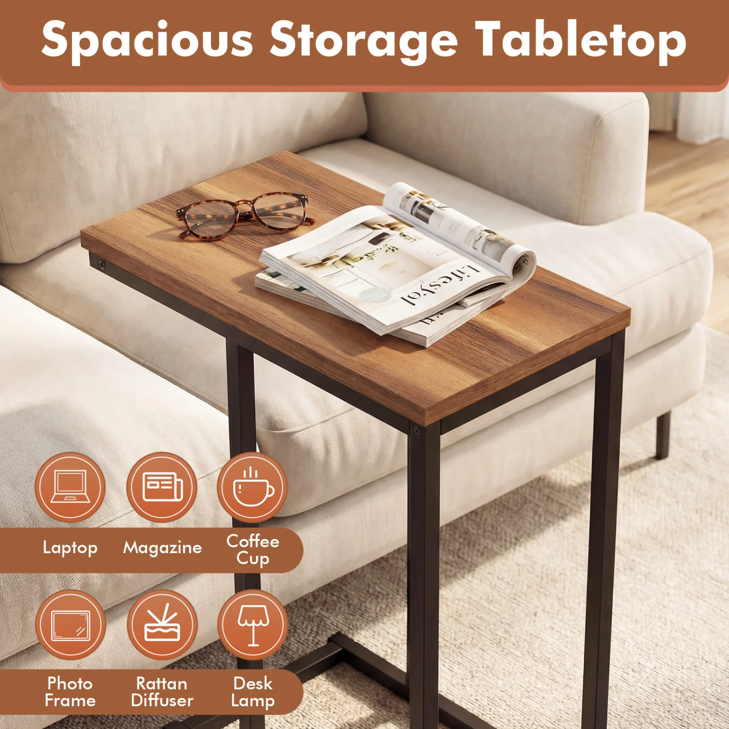 C-Shaped End Table Small Side Table with Sturdy Metal Frame, Walnut - Image 9