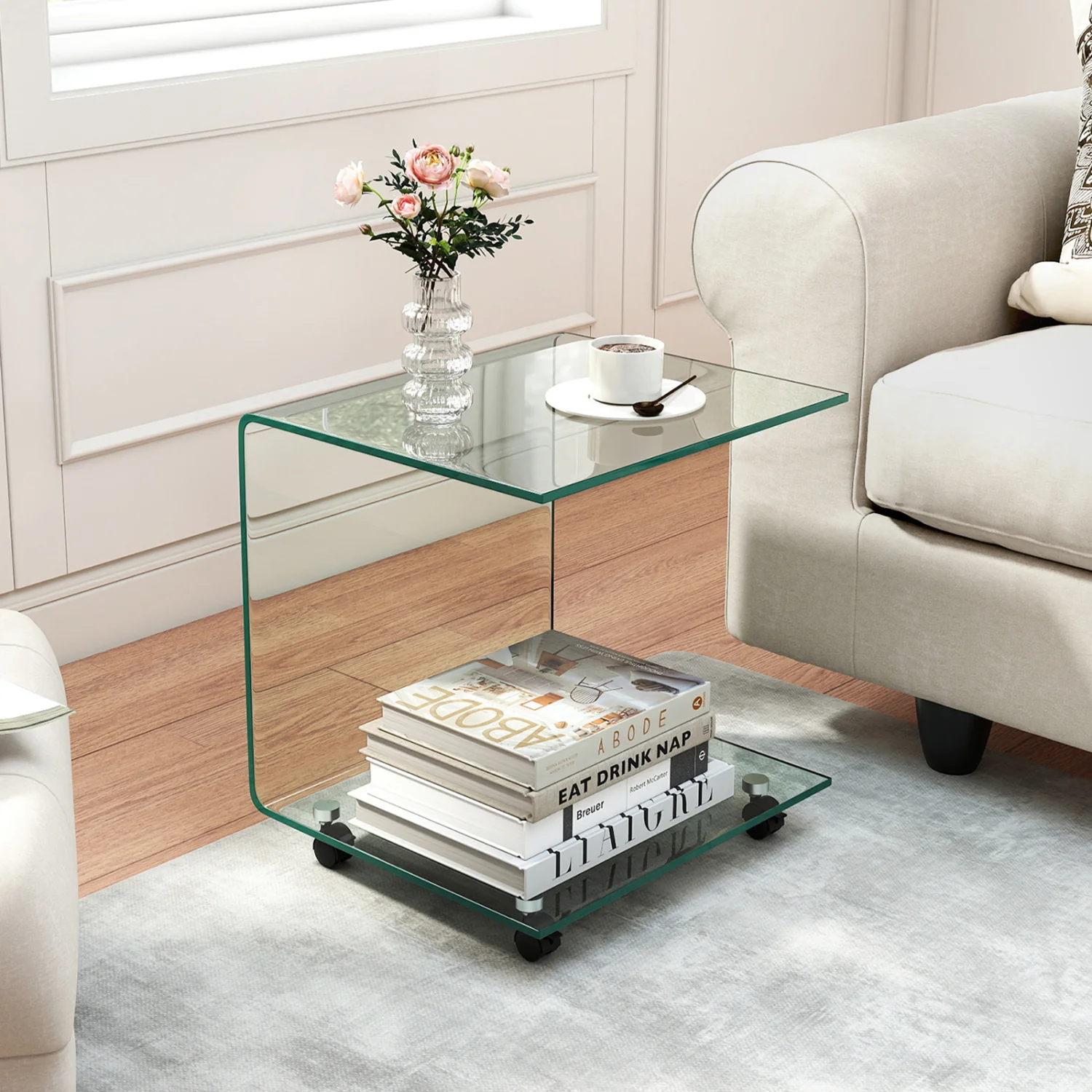 C-Shaped End Table, Tempered Glass Side Table With Shelf, Transparent - Image 2