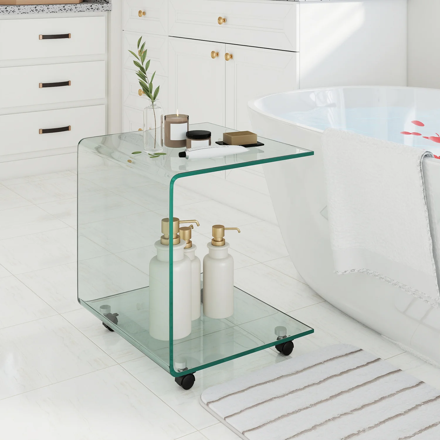 C-Shaped End Table, Tempered Glass Side Table With Shelf, Transparent - Image 6