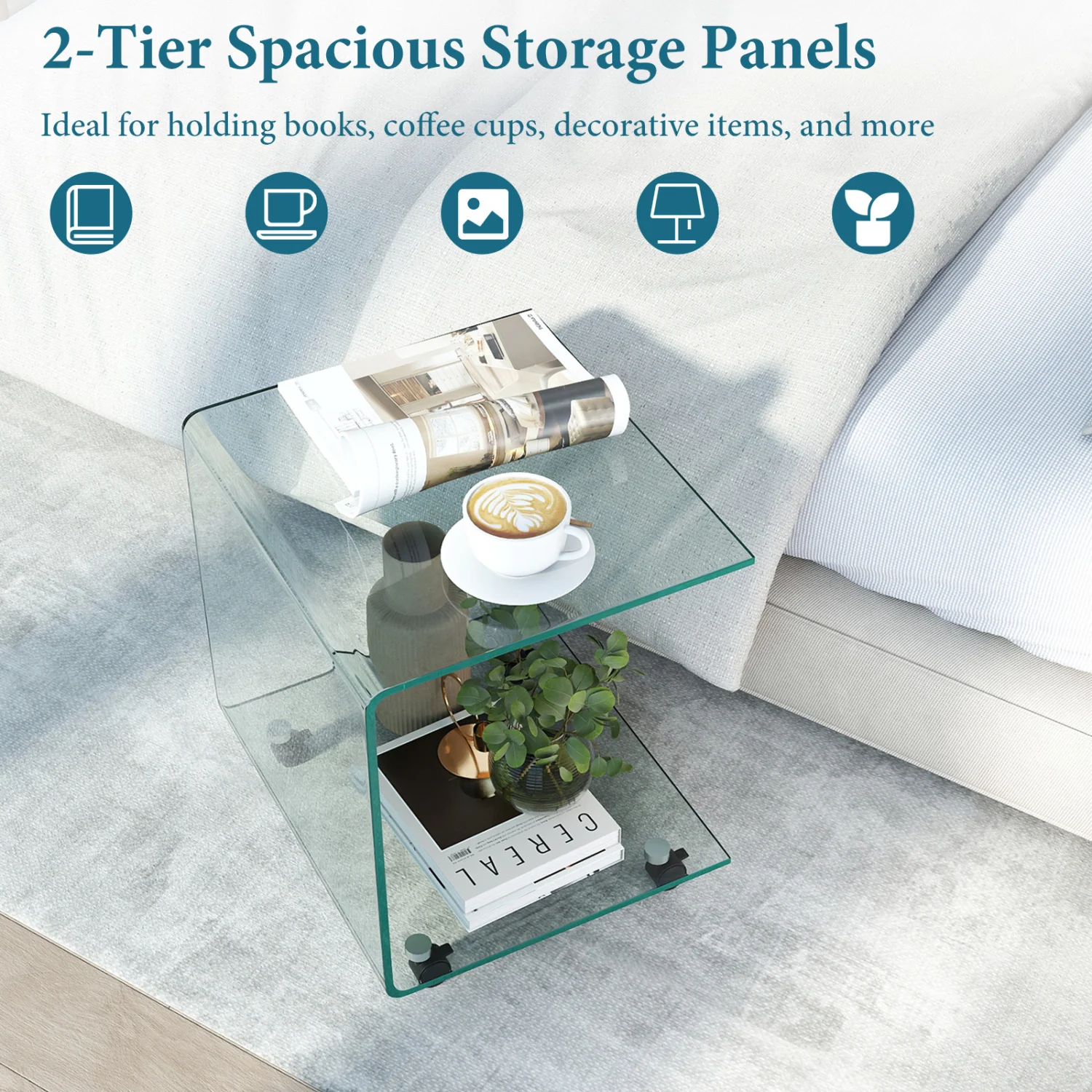 C-Shaped End Table, Tempered Glass Side Table With Shelf, Transparent - Image 7