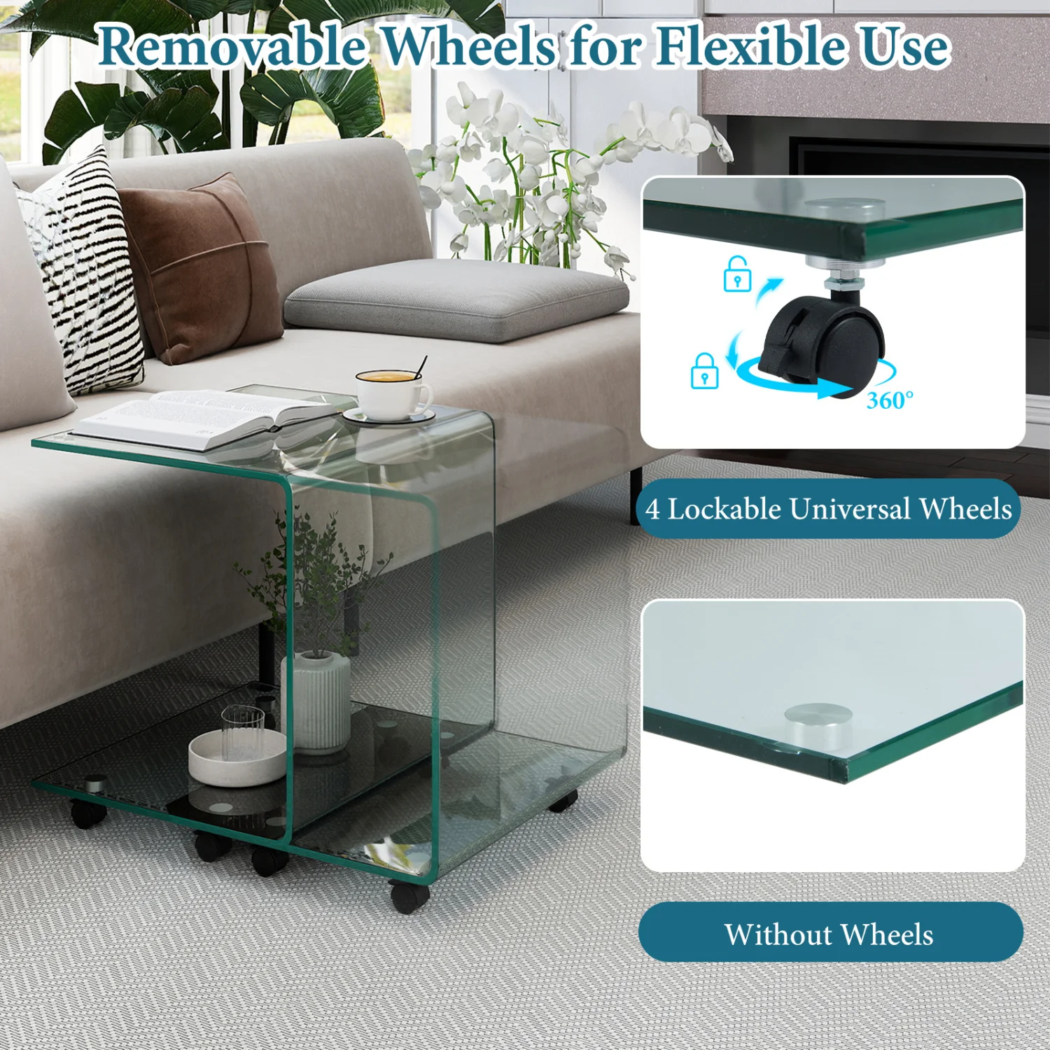 C-Shaped End Table, Tempered Glass Side Table With Shelf, Transparent - Image 9