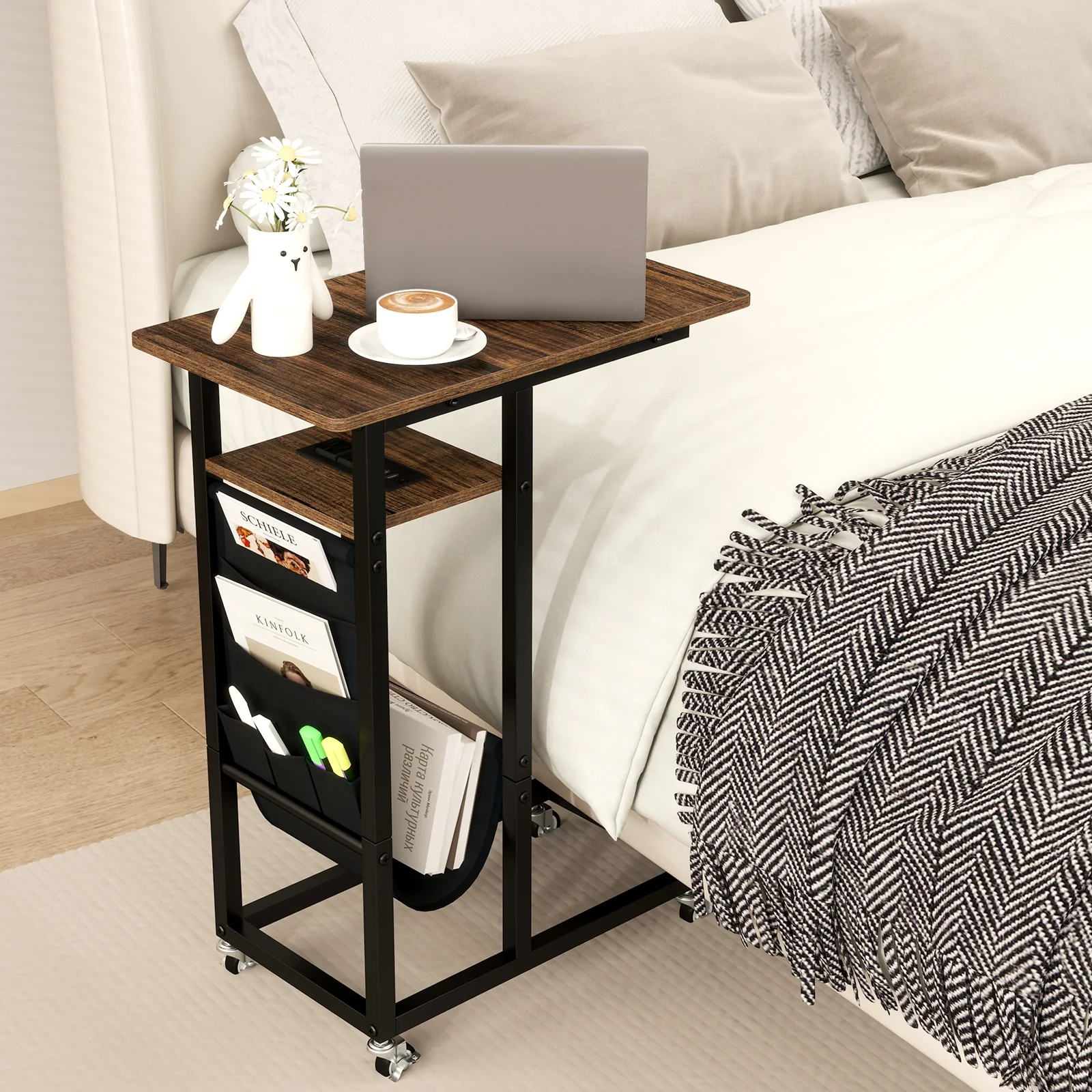 C-Shaped End Table With Charging Station, Retractable Tabletop - Image 2