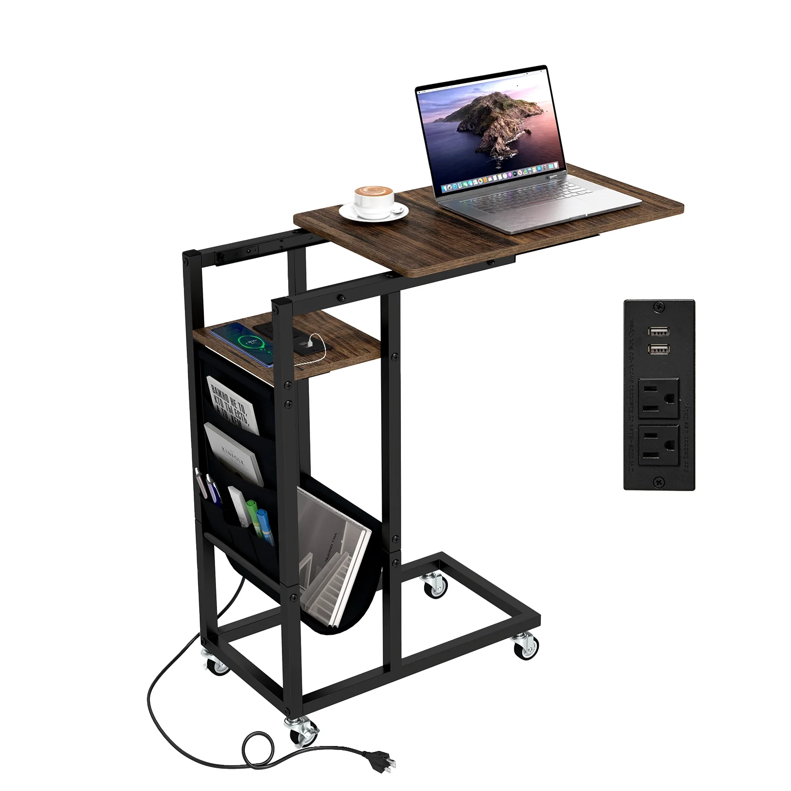 C-Shaped End Table With Charging Station, Retractable Tabletop - Image 5