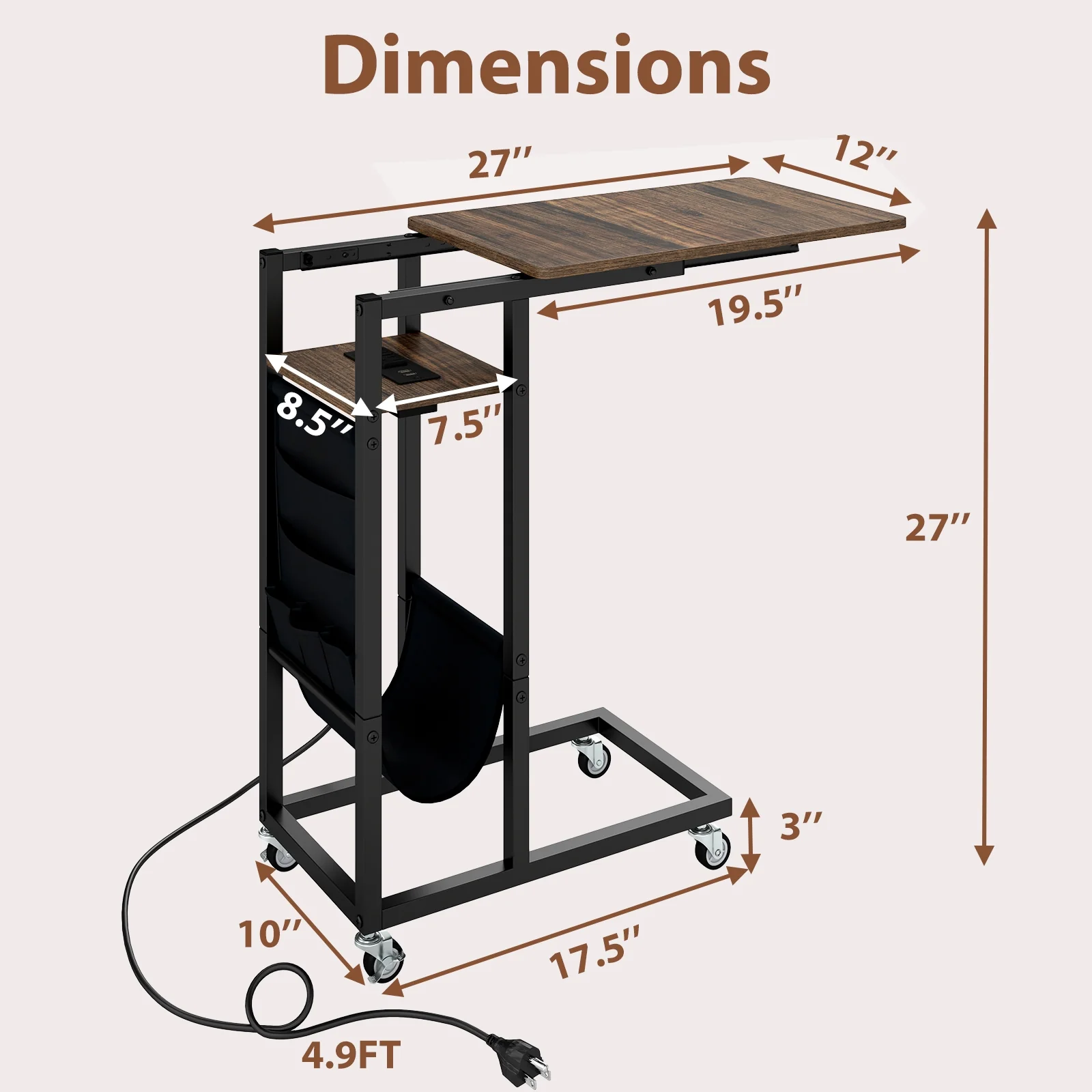 C-Shaped End Table With Charging Station, Retractable Tabletop - Image 6