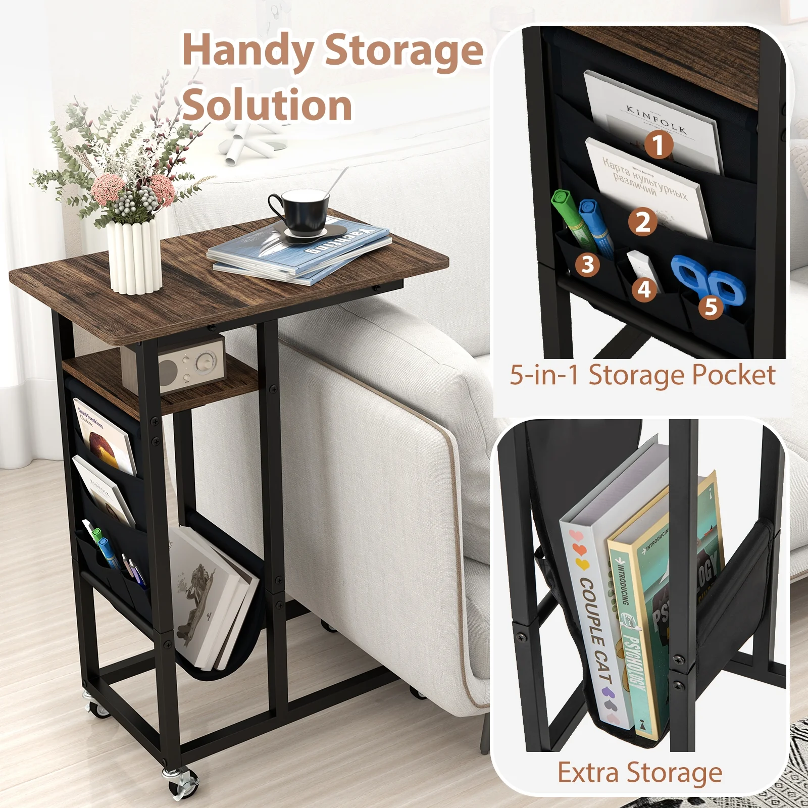 C-Shaped End Table With Charging Station, Retractable Tabletop - Image 8