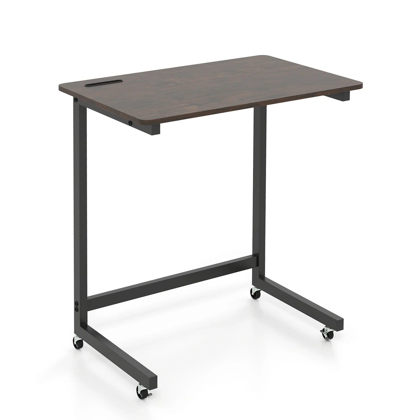 C-Shaped End Table With Wheels, Built-In Phone Slot, Rustic Brown