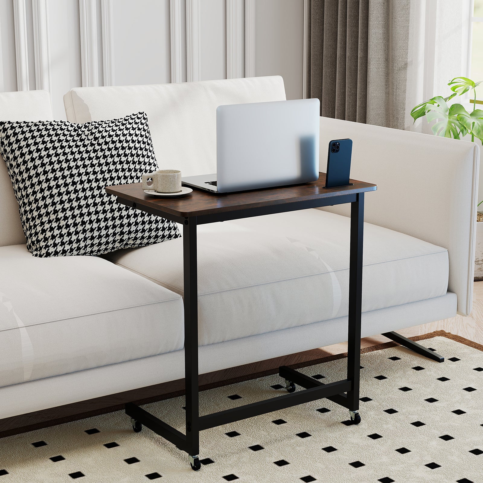 C-Shaped End Table With Wheels, Built-In Phone Slot, Rustic Brown - Image 3