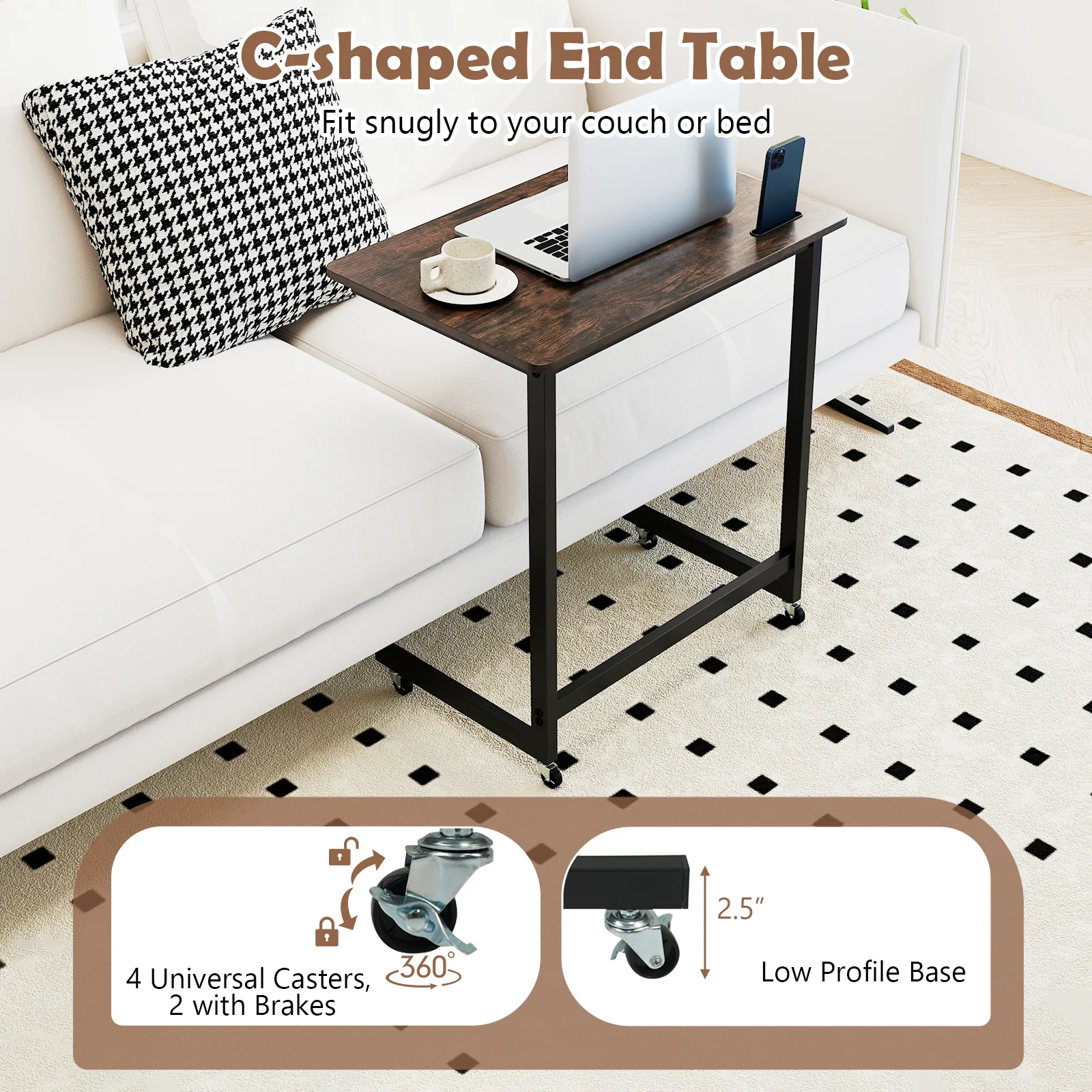 C-Shaped End Table With Wheels, Built-In Phone Slot, Rustic Brown - Image 6