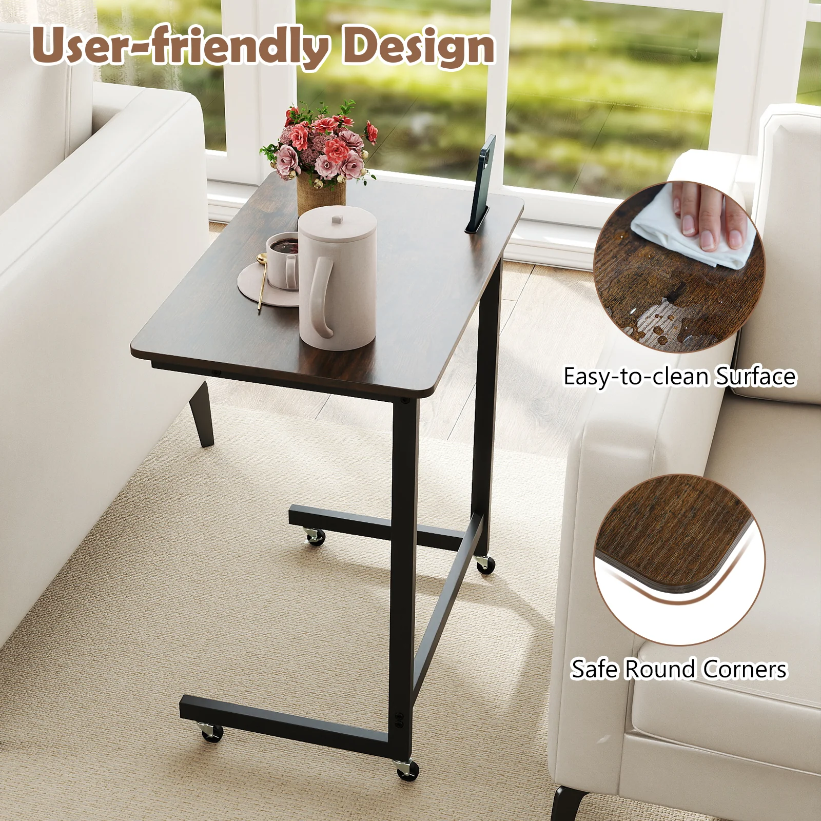 C-Shaped End Table With Wheels, Built-In Phone Slot, Rustic Brown - Image 8