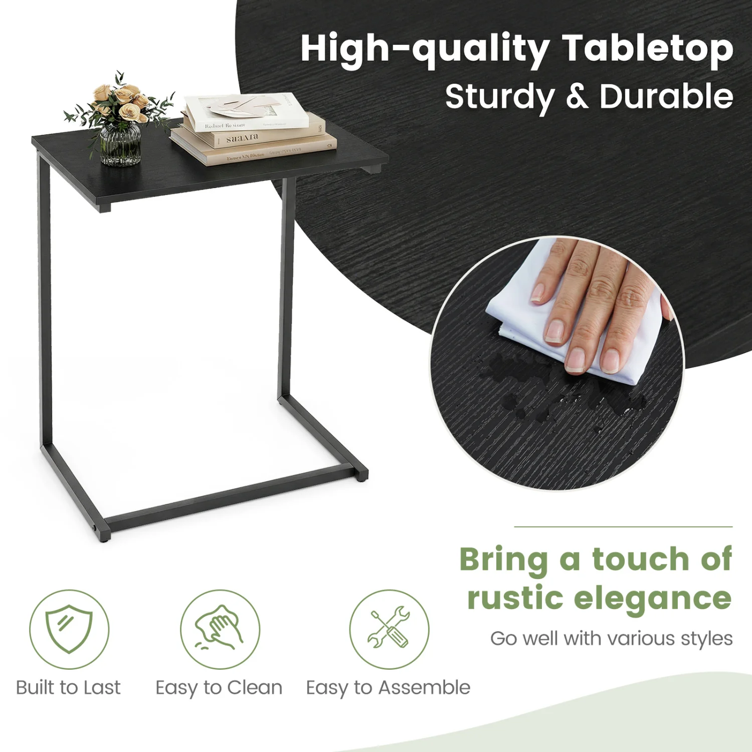 C-Shaped Side Table, Sofa Snack End Table, Black - Image 7