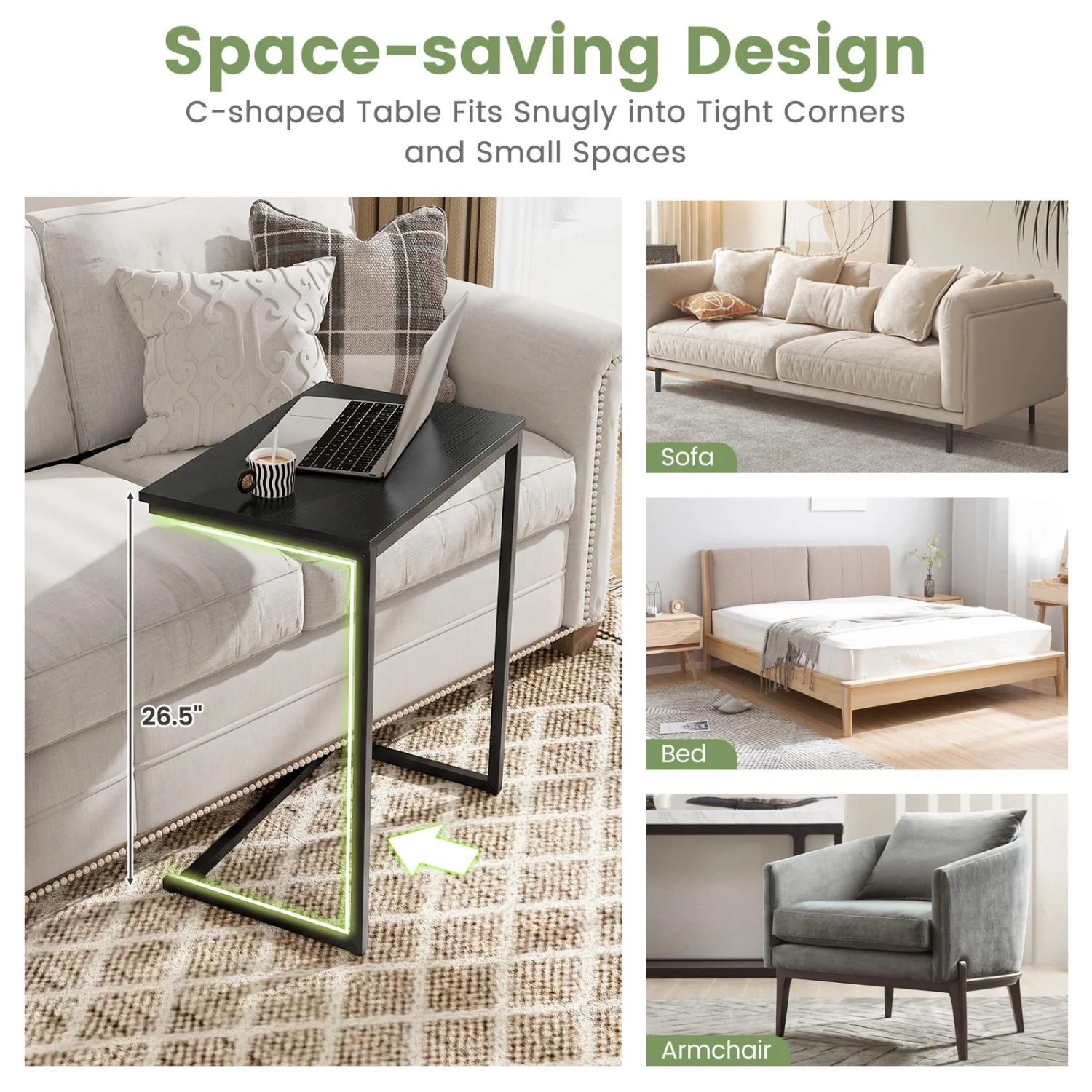 C-Shaped Side Table, Sofa Snack End Table, Black - Image 8