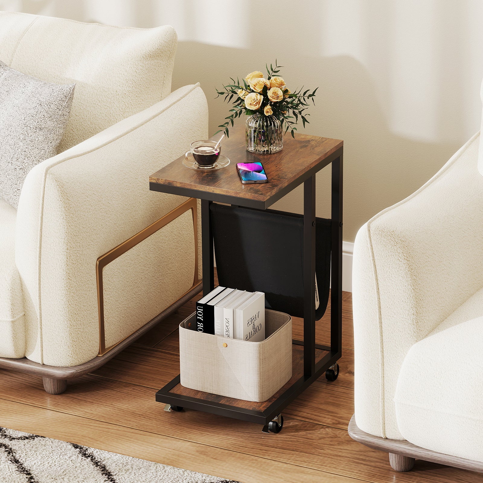 C-Shaped Side Table With Canvas Storage Pouch, Metal Frame, Brown - Image 3
