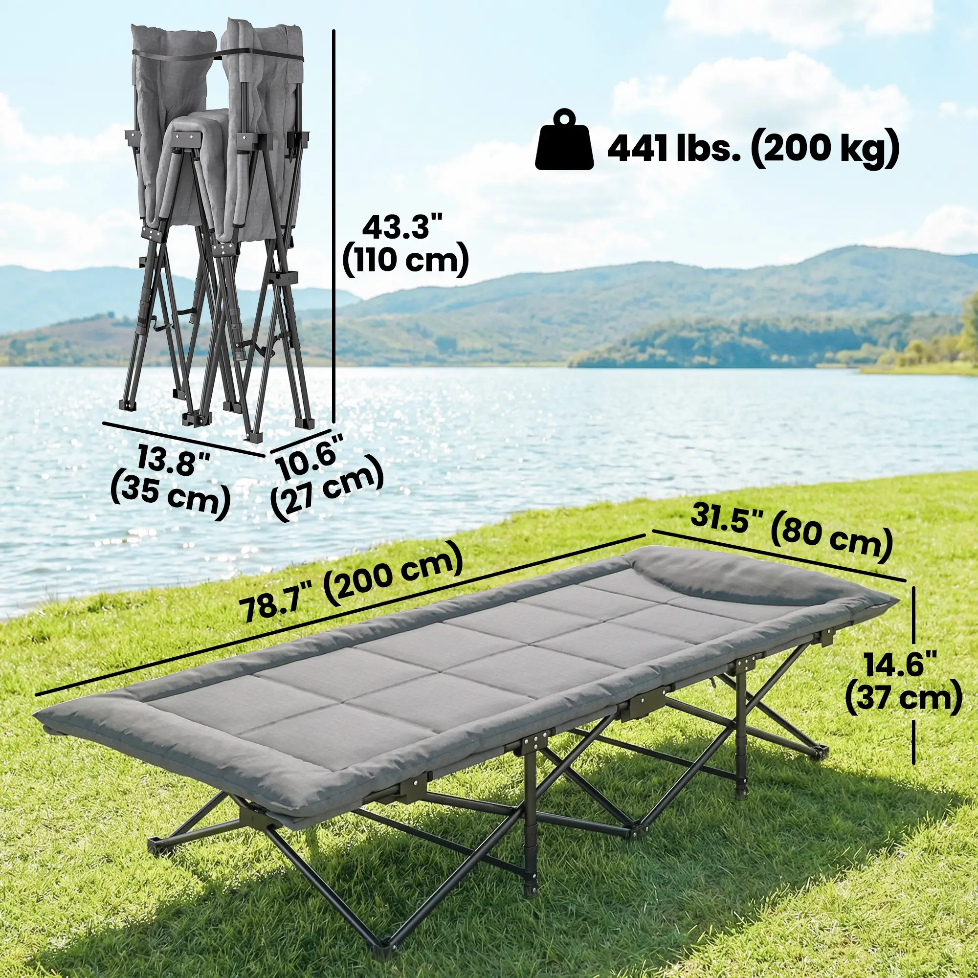 Camping Cot, 31.5" Wide, Padded Cushion, Carry Bag, Non-Slip Feet, Grey - Image 3