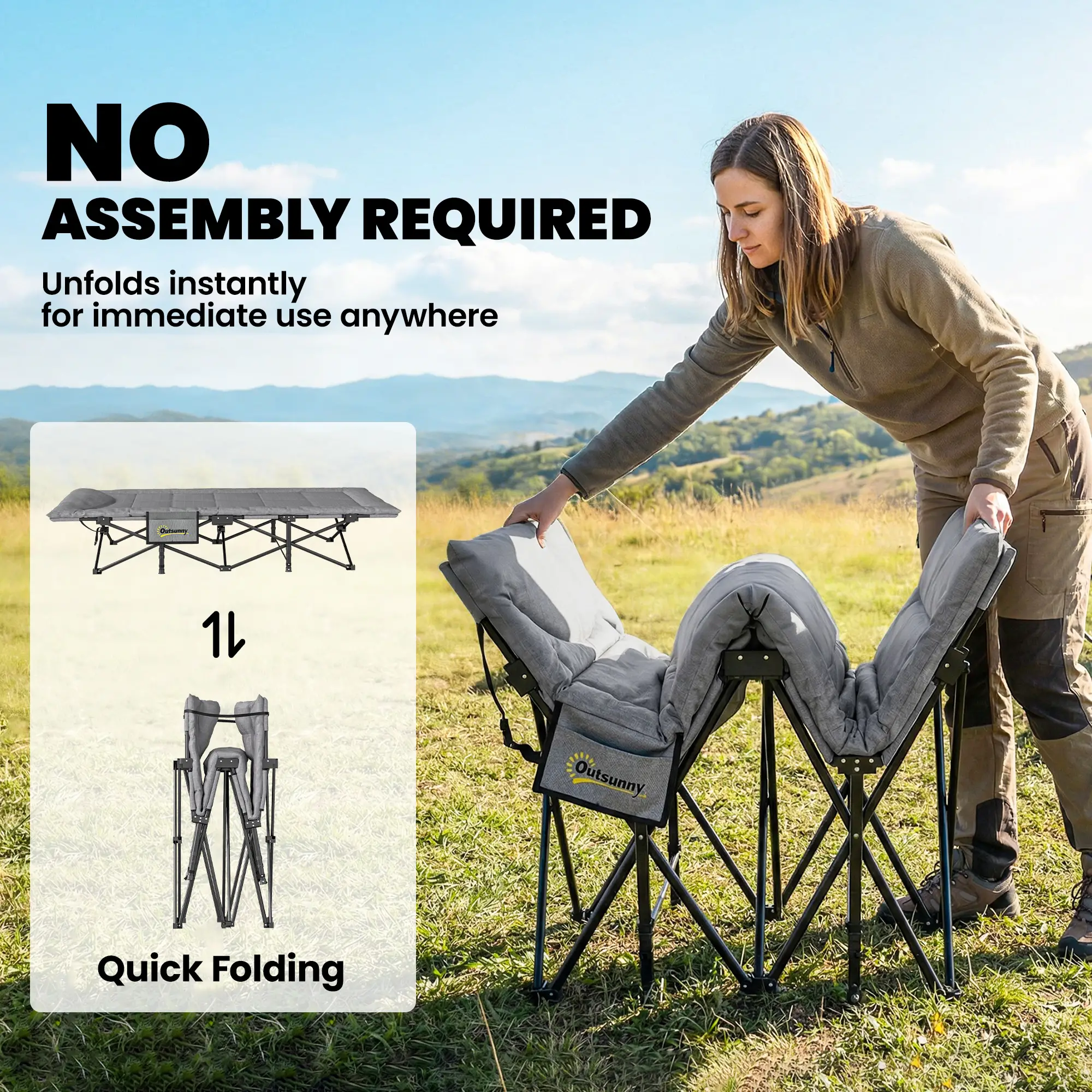 Camping Cot, 31.5" Wide, Padded Cushion, Carry Bag, Non-Slip Feet, Grey - Image 7