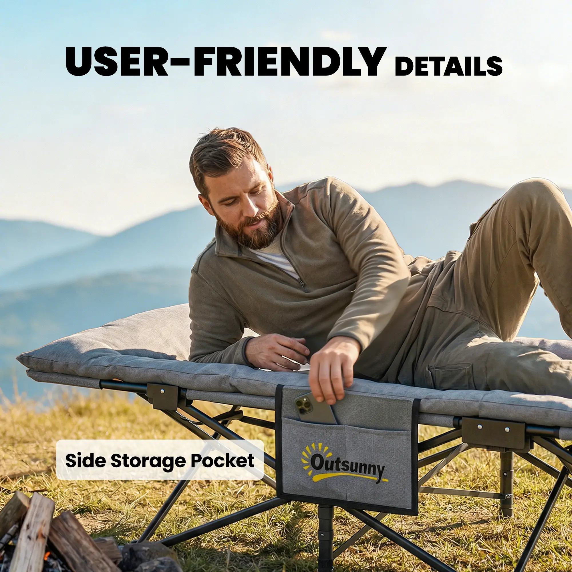 Camping Cot, 31.5" Wide, Padded Cushion, Carry Bag, Non-Slip Feet, Grey - Image 9