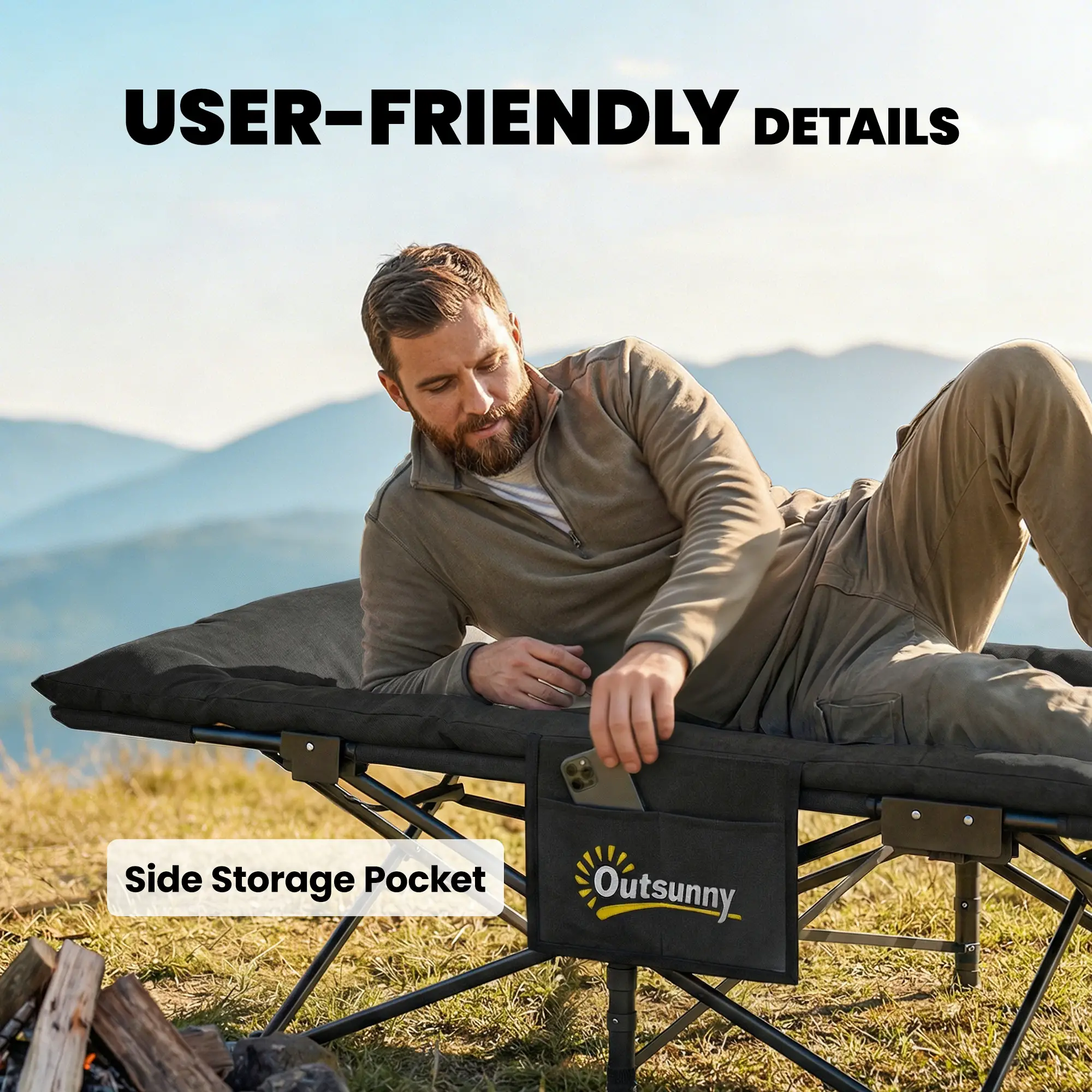 Camping Cot For Adults, 31.5" Wide, Padded Cushion, Carry Bag, Black - Image 9