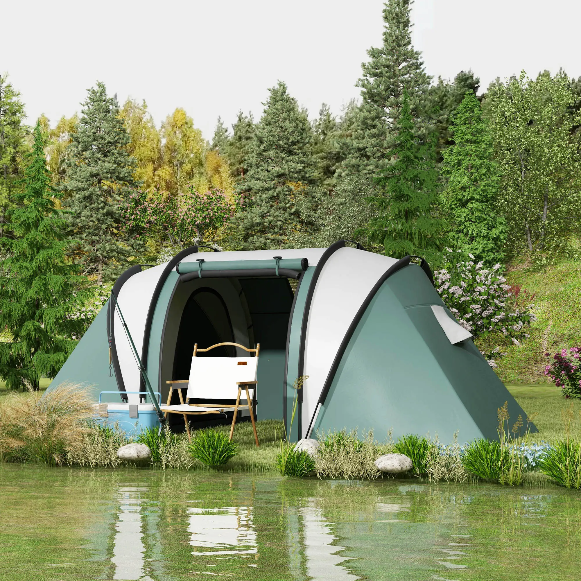 Camping Tent, 2 Bedrooms, Living Area, 3000mm Waterproof, Army Green - Image 2