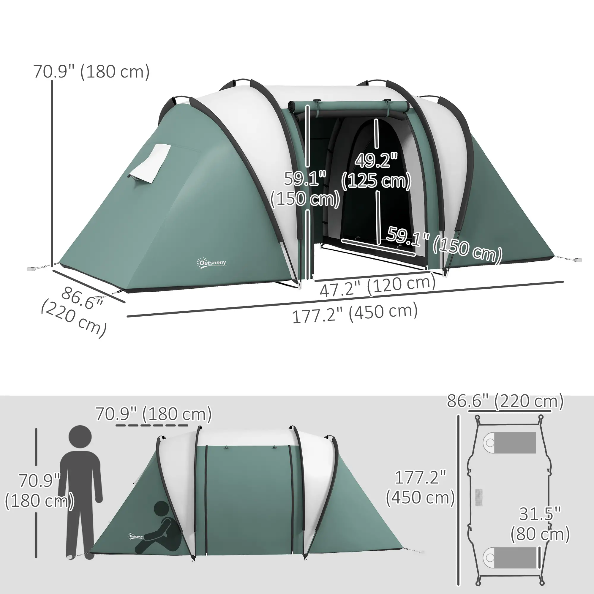Camping Tent, 2 Bedrooms, Living Area, 3000mm Waterproof, Army Green - Image 3