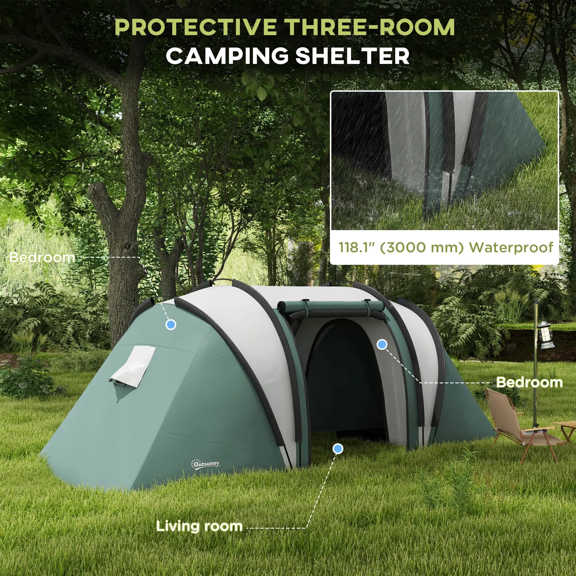 Camping Tent, 2 Bedrooms, Living Area, 3000mm Waterproof, Army Green - Image 4